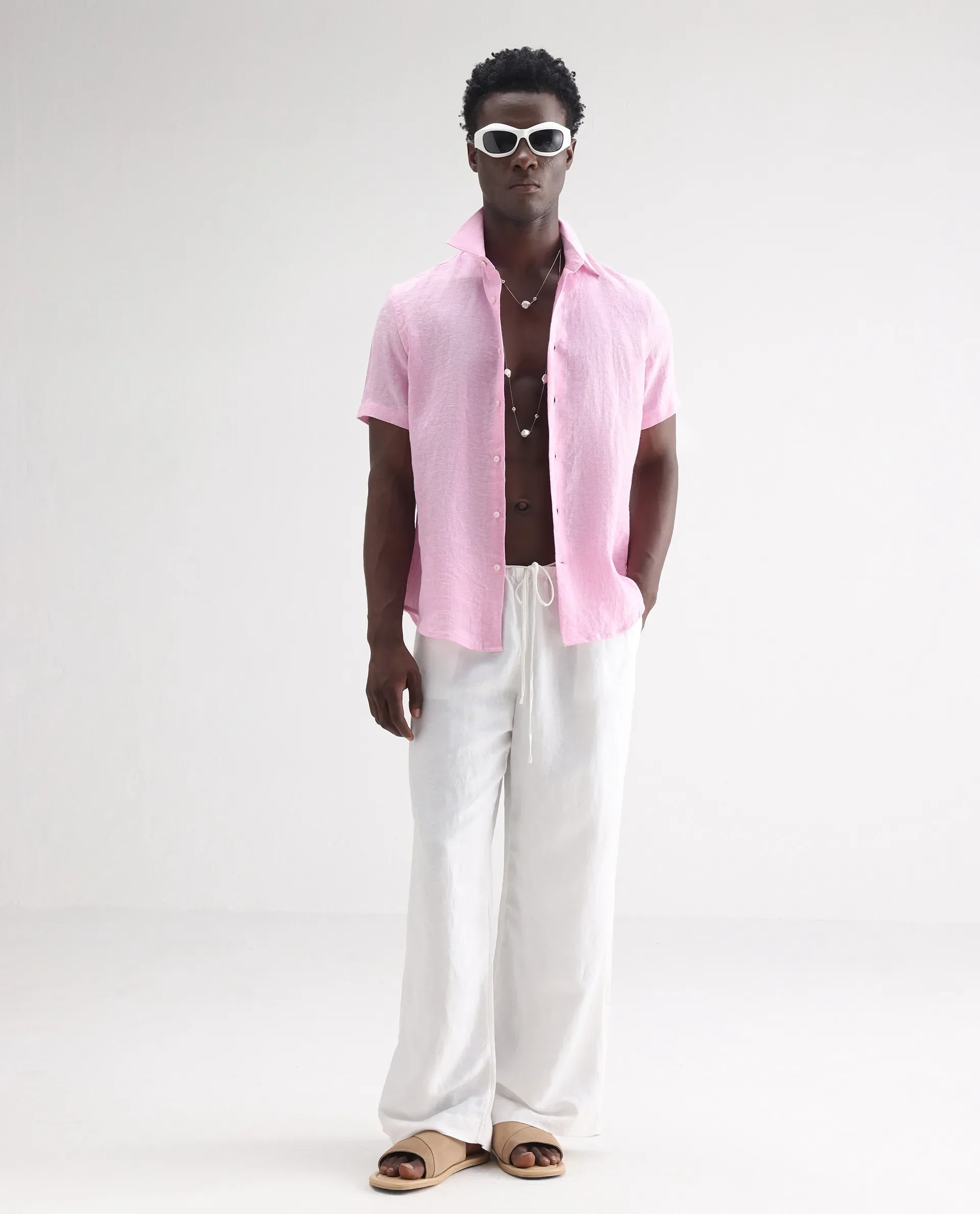 Rare Rabbit Men's Poist Pink 100% Linen Plain Regular Fit Half Sleeve Collared Shirt - Image 2