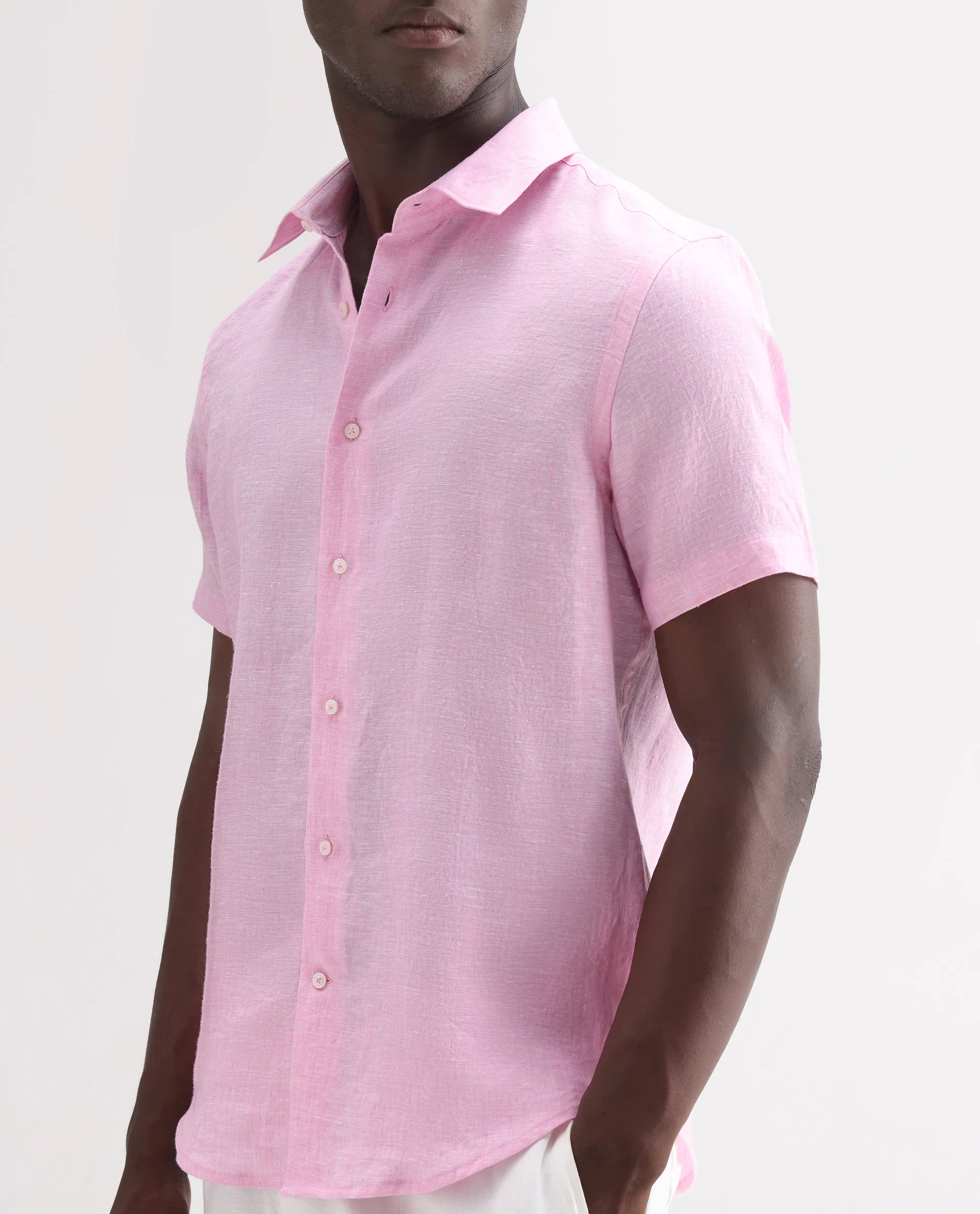 Rare Rabbit Men's Poist Pink 100% Linen Plain Regular Fit Half Sleeve Collared Shirt - Image 3