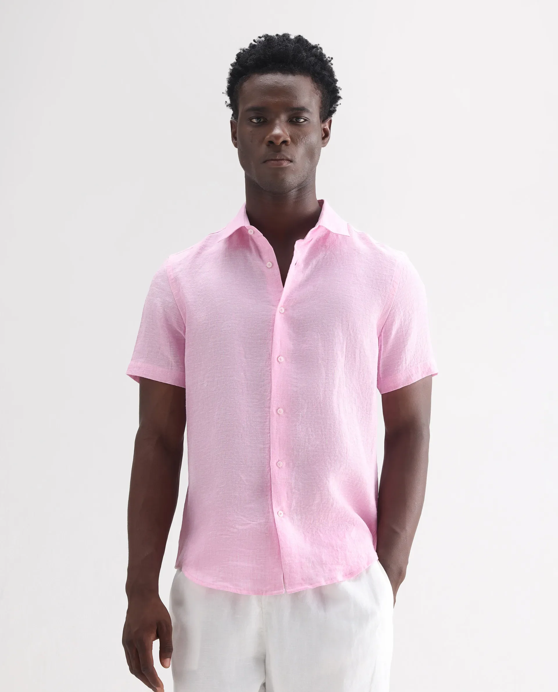 Rare Rabbit Men's Poist Pink 100% Linen Plain Regular Fit Half Sleeve Collared Shirt - Image 4