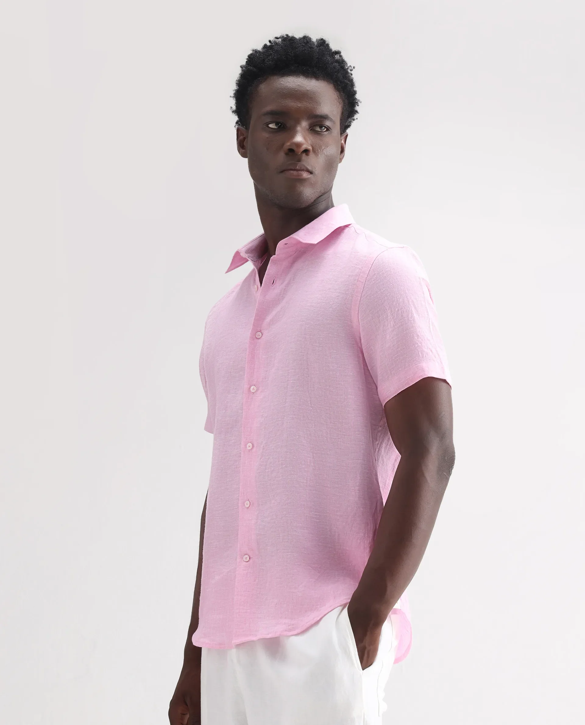 Rare Rabbit Men's Poist Pink 100% Linen Plain Regular Fit Half Sleeve Collared Shirt - Image 5