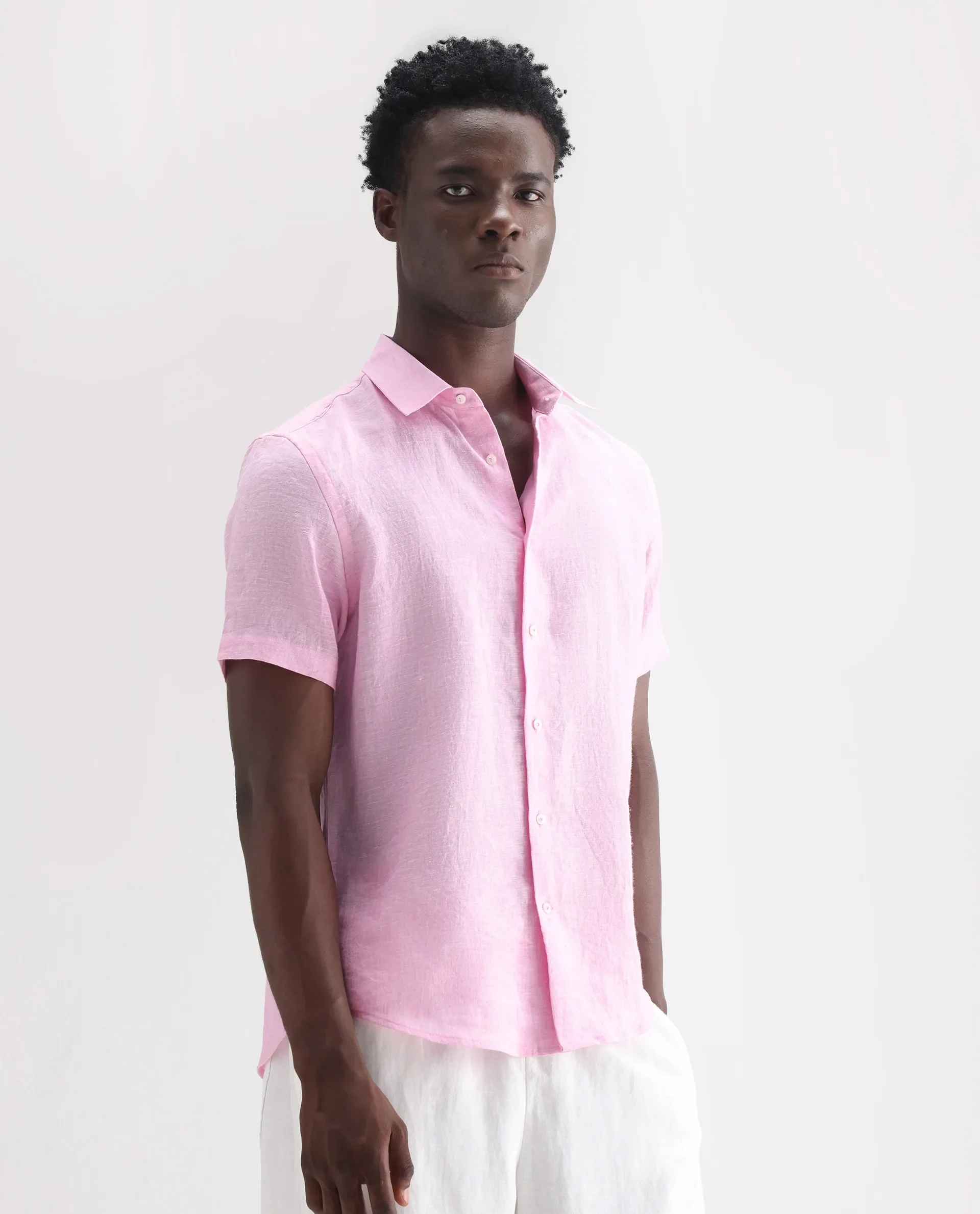 Rare Rabbit Men's Poist Pink 100% Linen Plain Regular Fit Half Sleeve Collared Shirt - Image 6