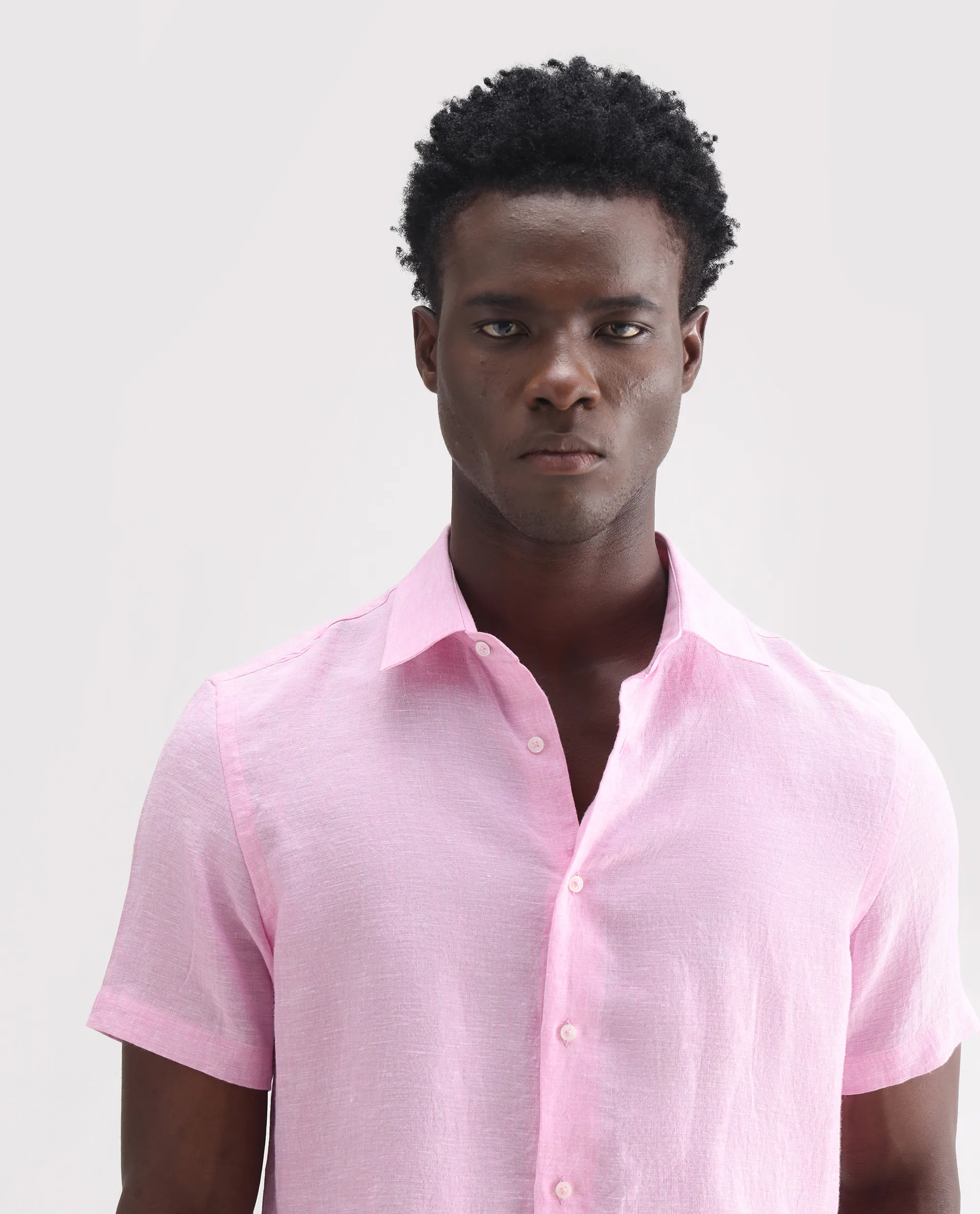 Rare Rabbit Men's Poist Pink 100% Linen Plain Regular Fit Half Sleeve Collared Shirt - Image 7
