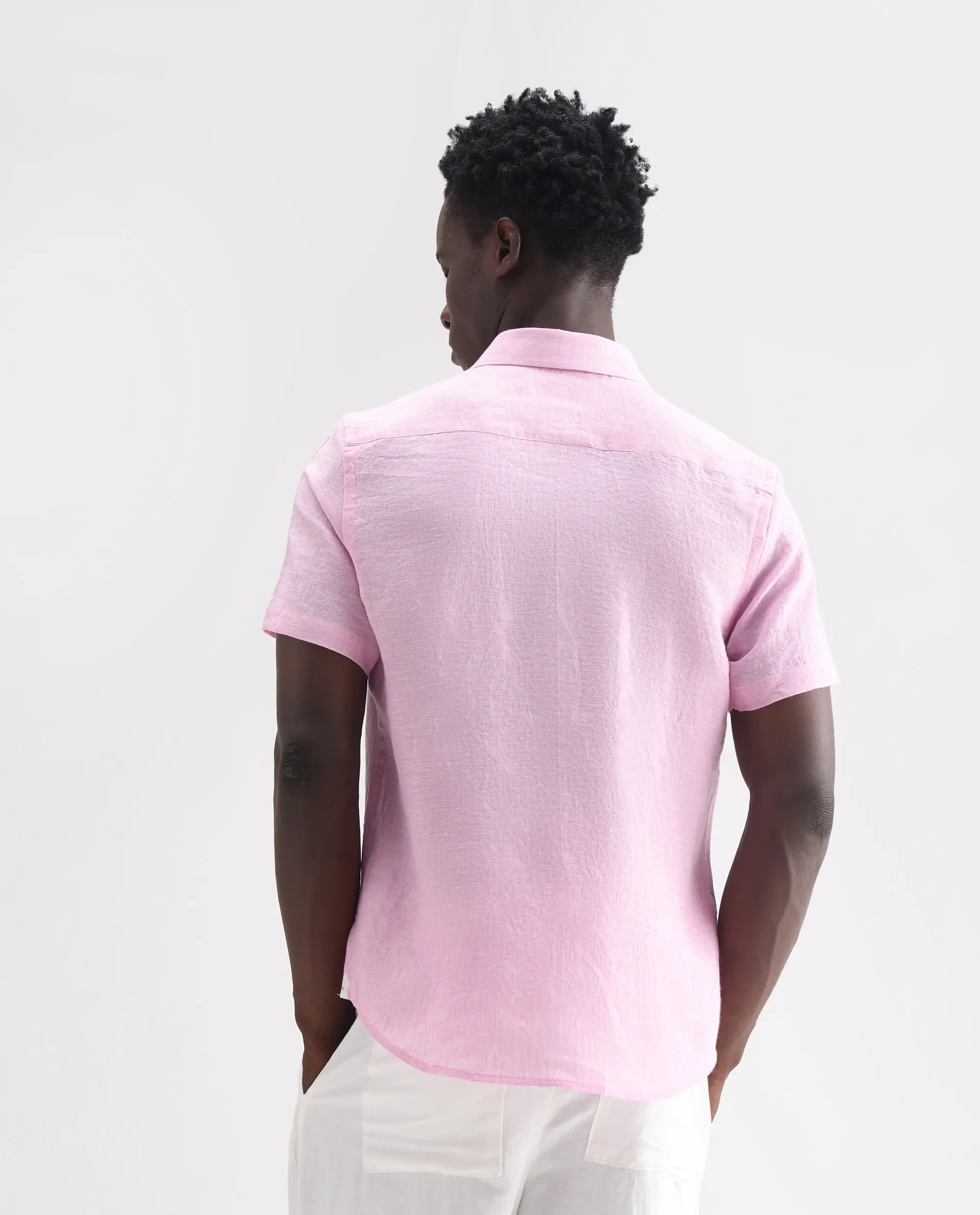 Rare Rabbit Men's Poist Pink 100% Linen Plain Regular Fit Half Sleeve Collared Shirt - Image 8