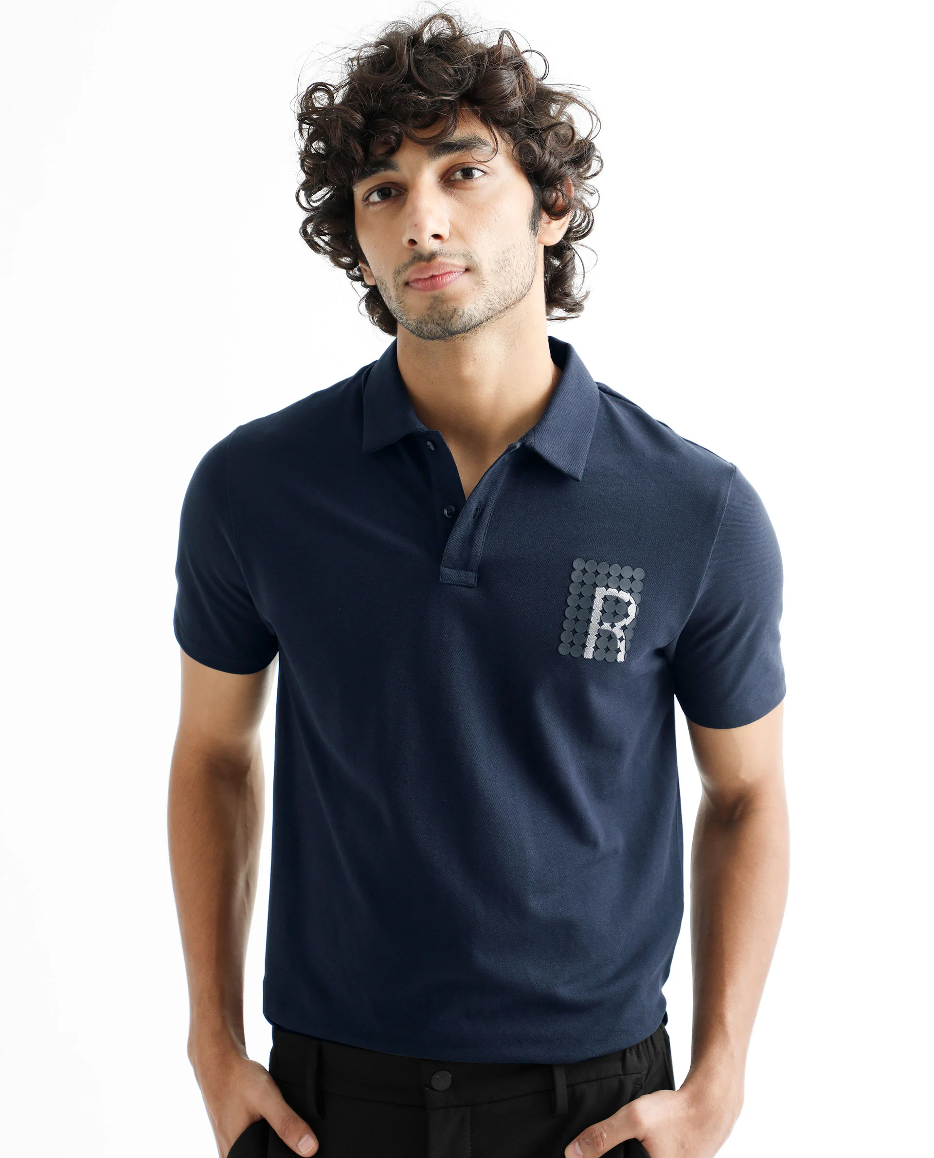 Rare Rabbit Men's Poka Navy Cotton Graphic Print Regular Fit Half Sleeve Polo