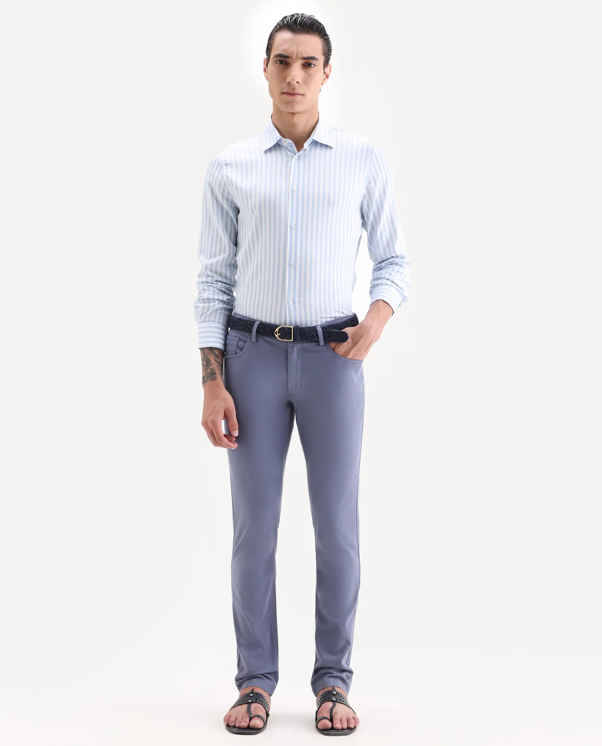 Rare Rabbit Men's Poke-2 Dusky Blue Cotton Plain Regular Fit Trouser