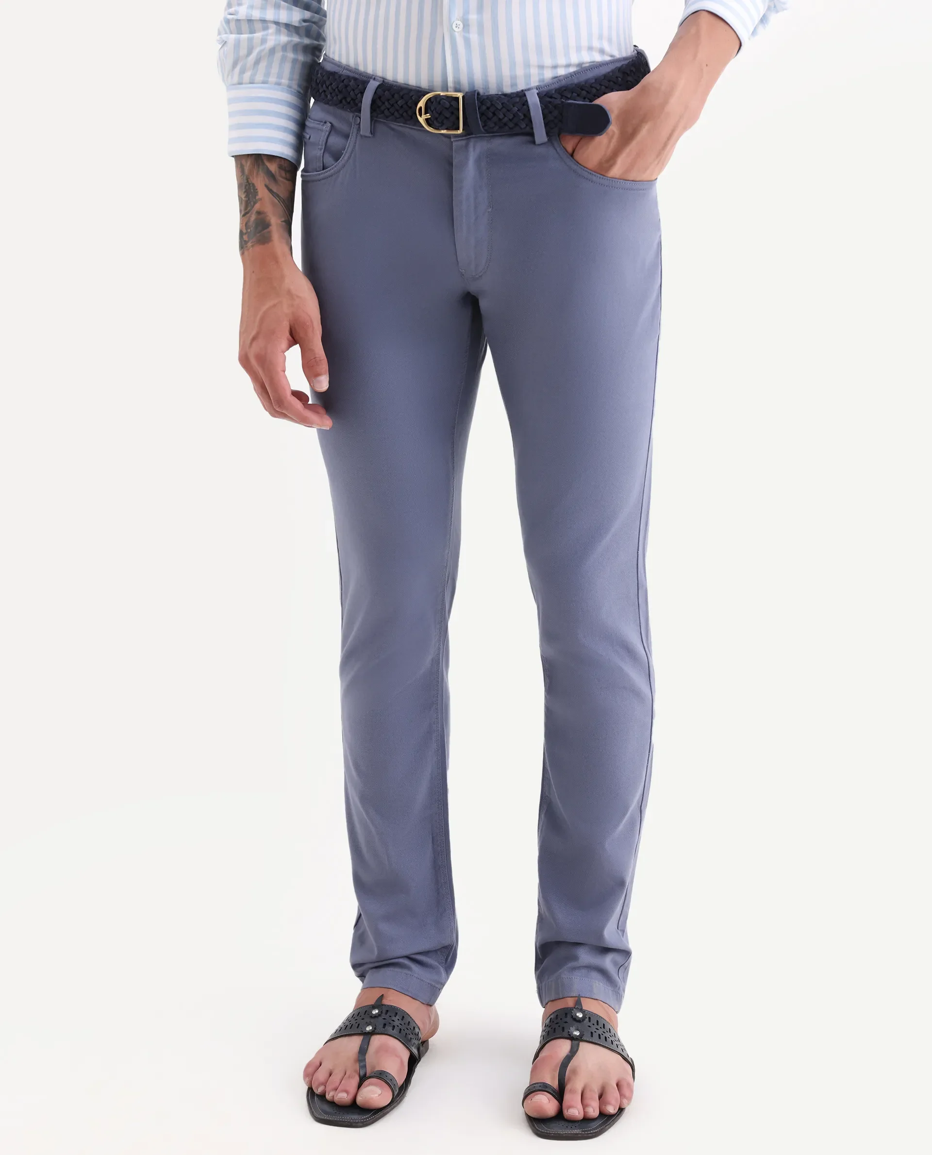 Rare Rabbit Men's Poke-2 Dusky Blue Cotton Plain Regular Fit Trouser - Image 2
