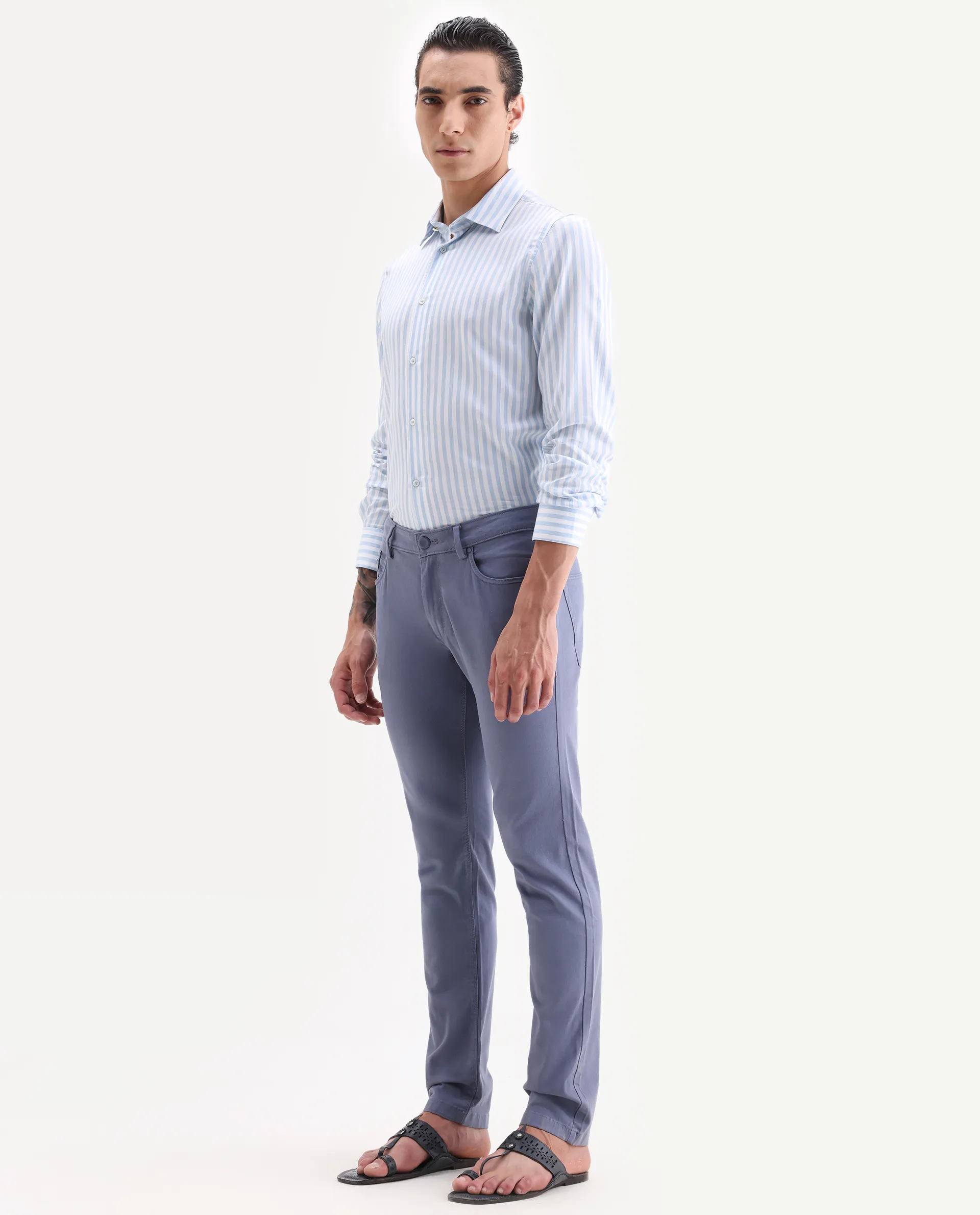 Rare Rabbit Men's Poke-2 Dusky Blue Cotton Plain Regular Fit Trouser - Image 4