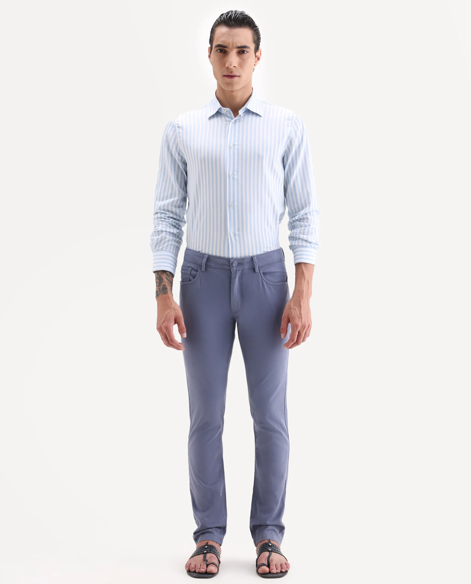 Rare Rabbit Men's Poke-2 Dusky Blue Cotton Plain Regular Fit Trouser - Image 7
