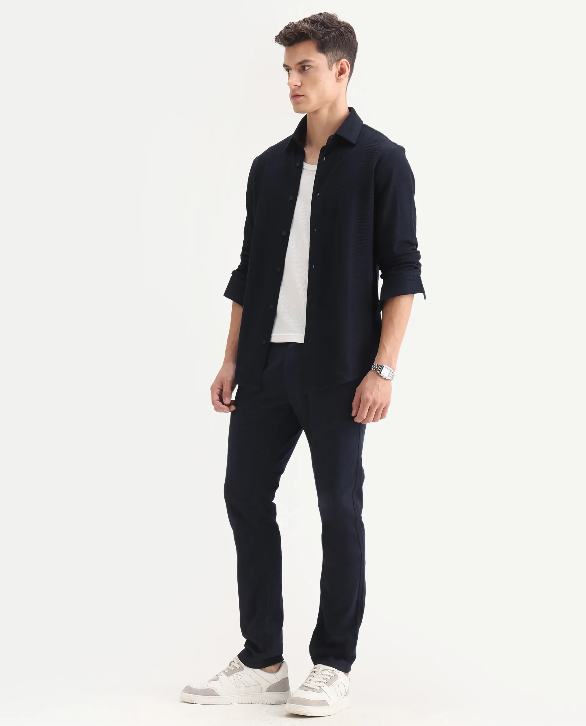 Rare Rabbit Men's Poke-2 Navy Cotton Plain Regular Fit Trouser - Image 5