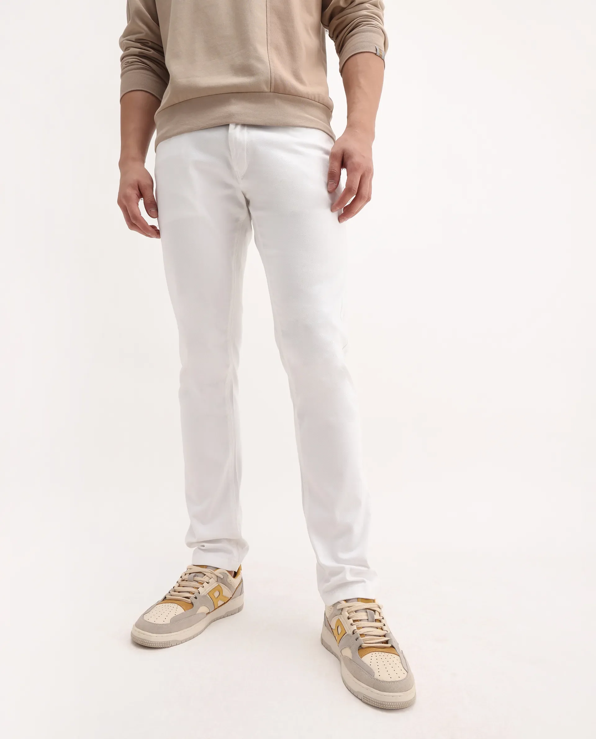 Rare Rabbit Men's Poke-2 White Cotton Plain Regular Fit Trouser - Image 2