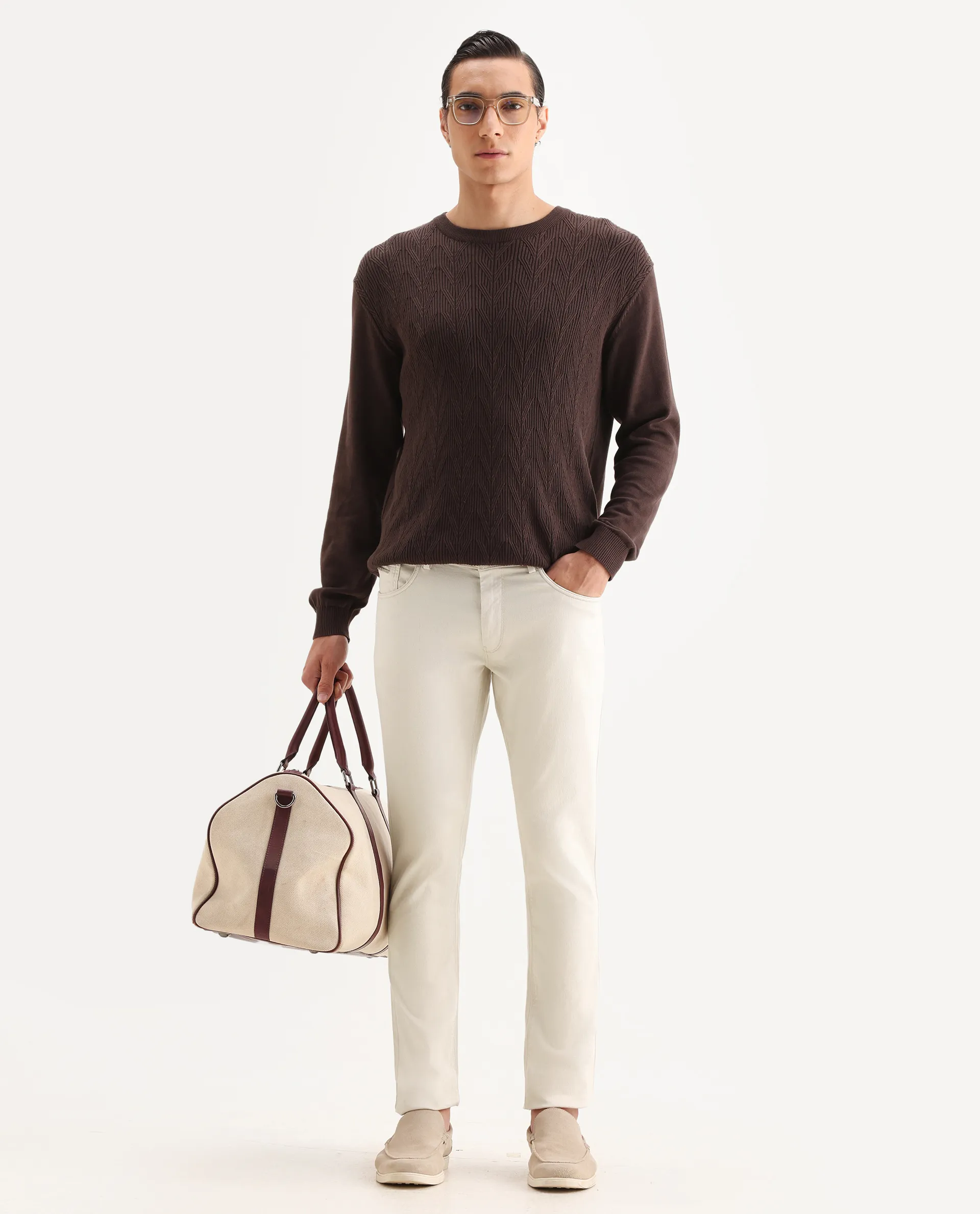 Rare Rabbit Men's Poke Beige Cotton Plain Regular Fit Trouser