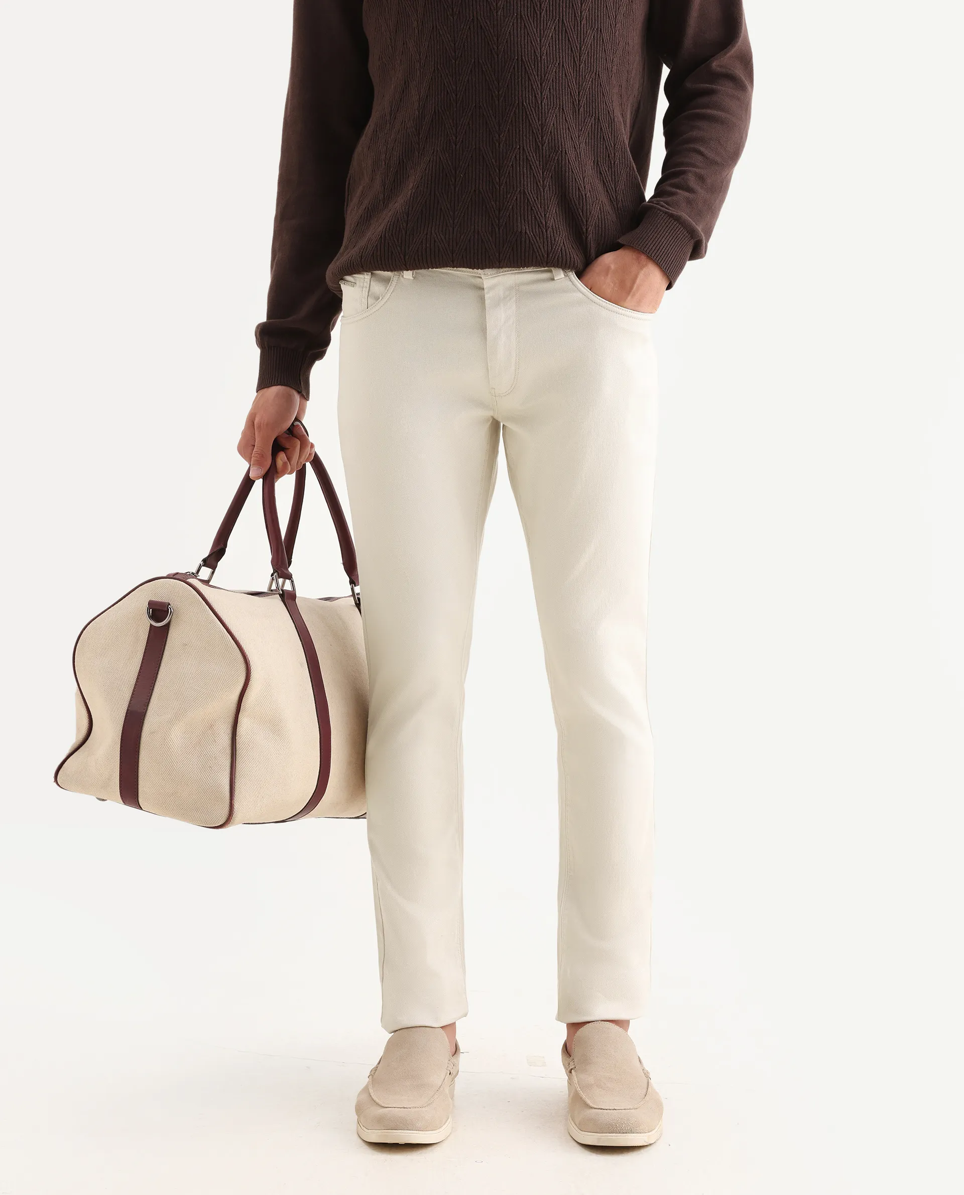 Rare Rabbit Men's Poke Beige Cotton Plain Regular Fit Trouser - Image 2
