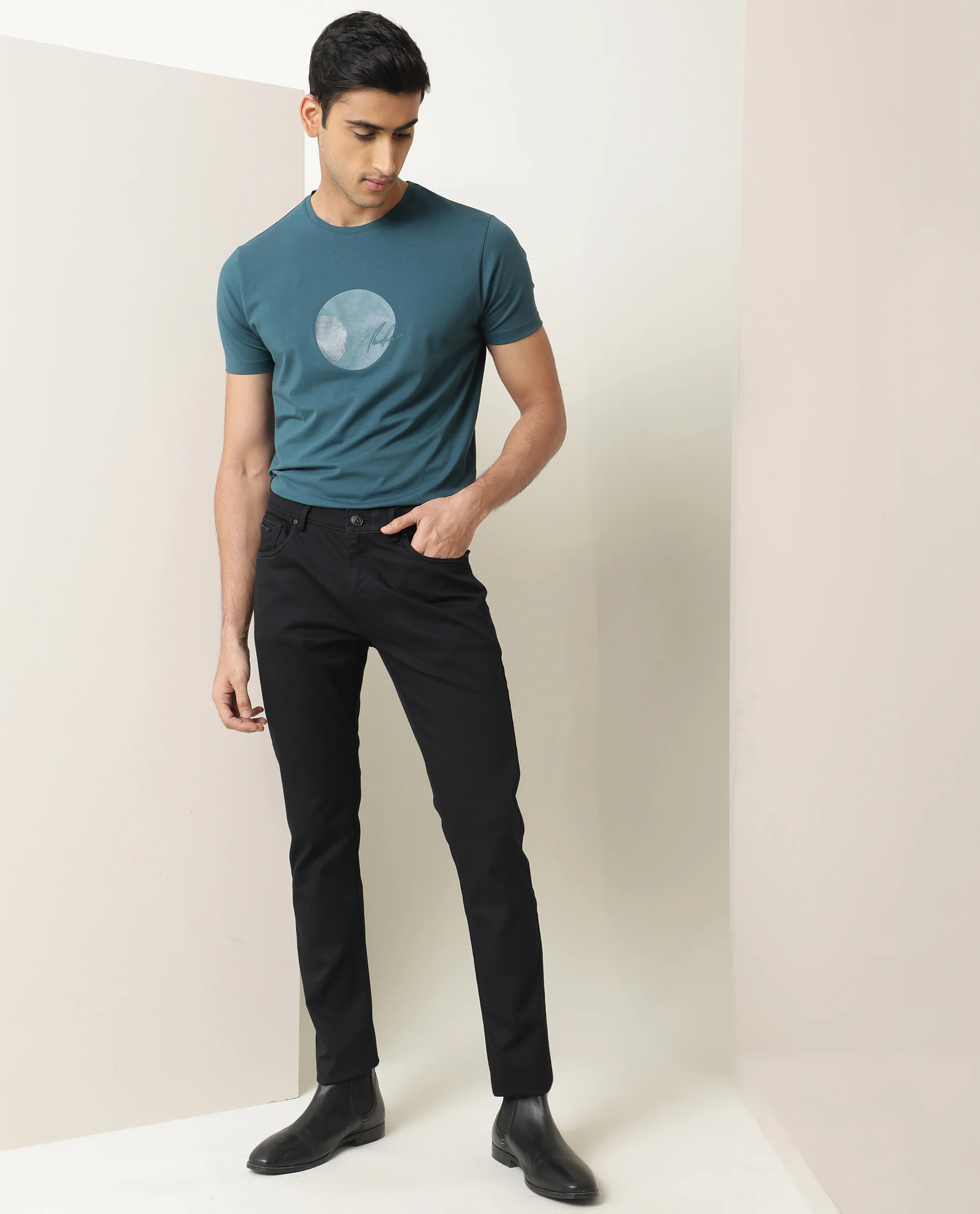 Rare Rabbit Men's Poke Black Cotton Plain Regular Fit Trouser - Image 2
