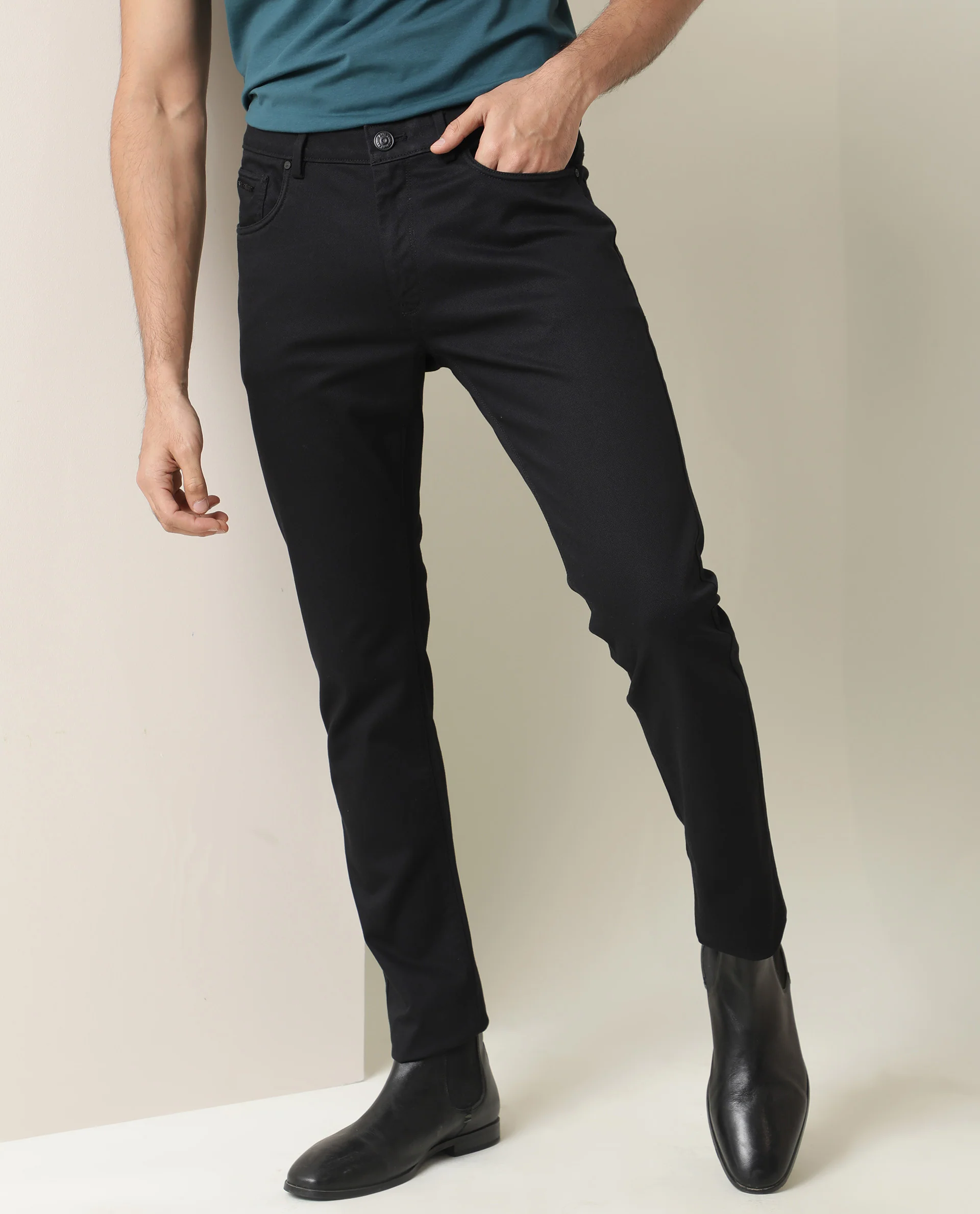 Rare Rabbit Men's Poke Black Cotton Plain Regular Fit Trouser - Image 3