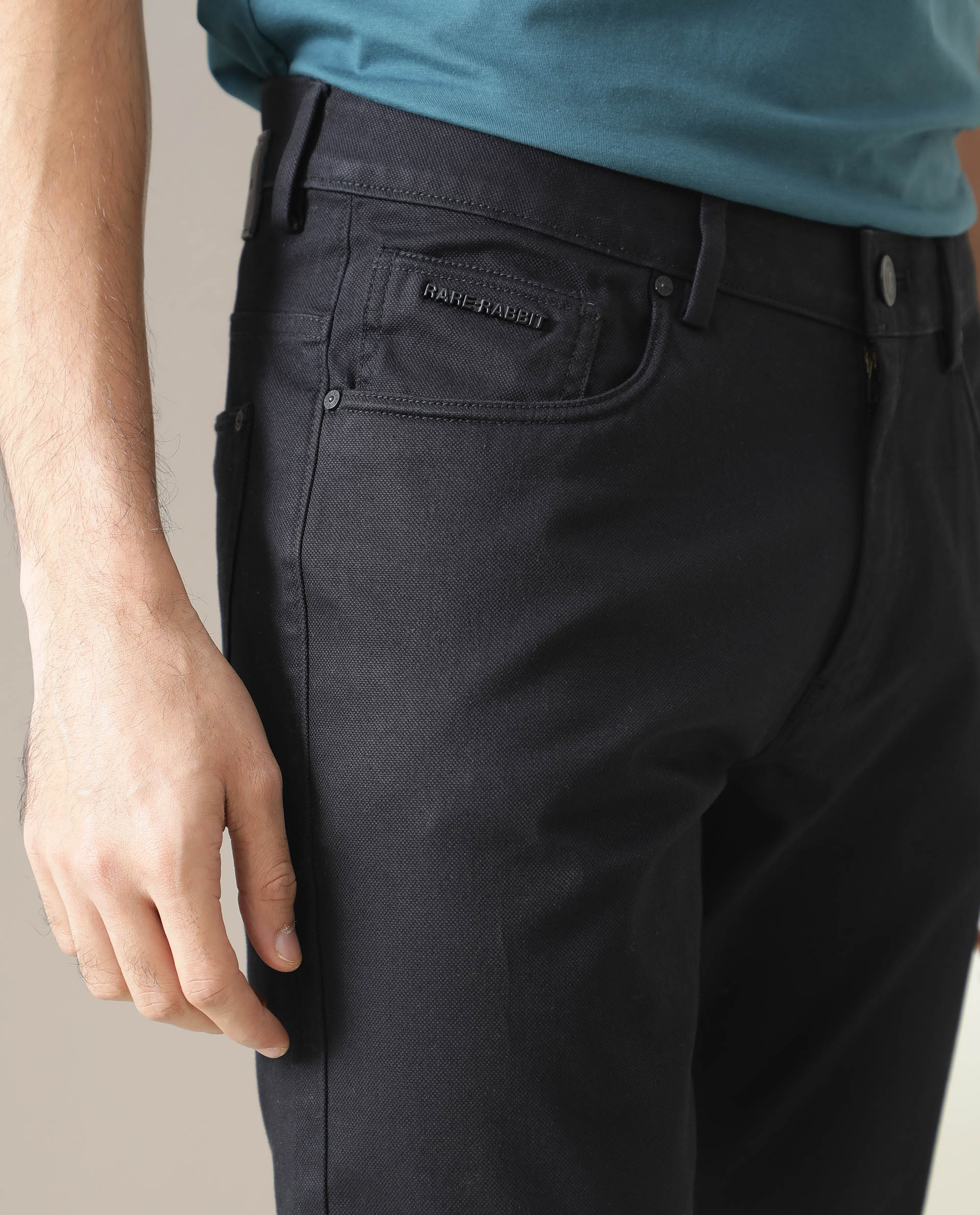 Rare Rabbit Men's Poke Black Cotton Plain Regular Fit Trouser - Image 4