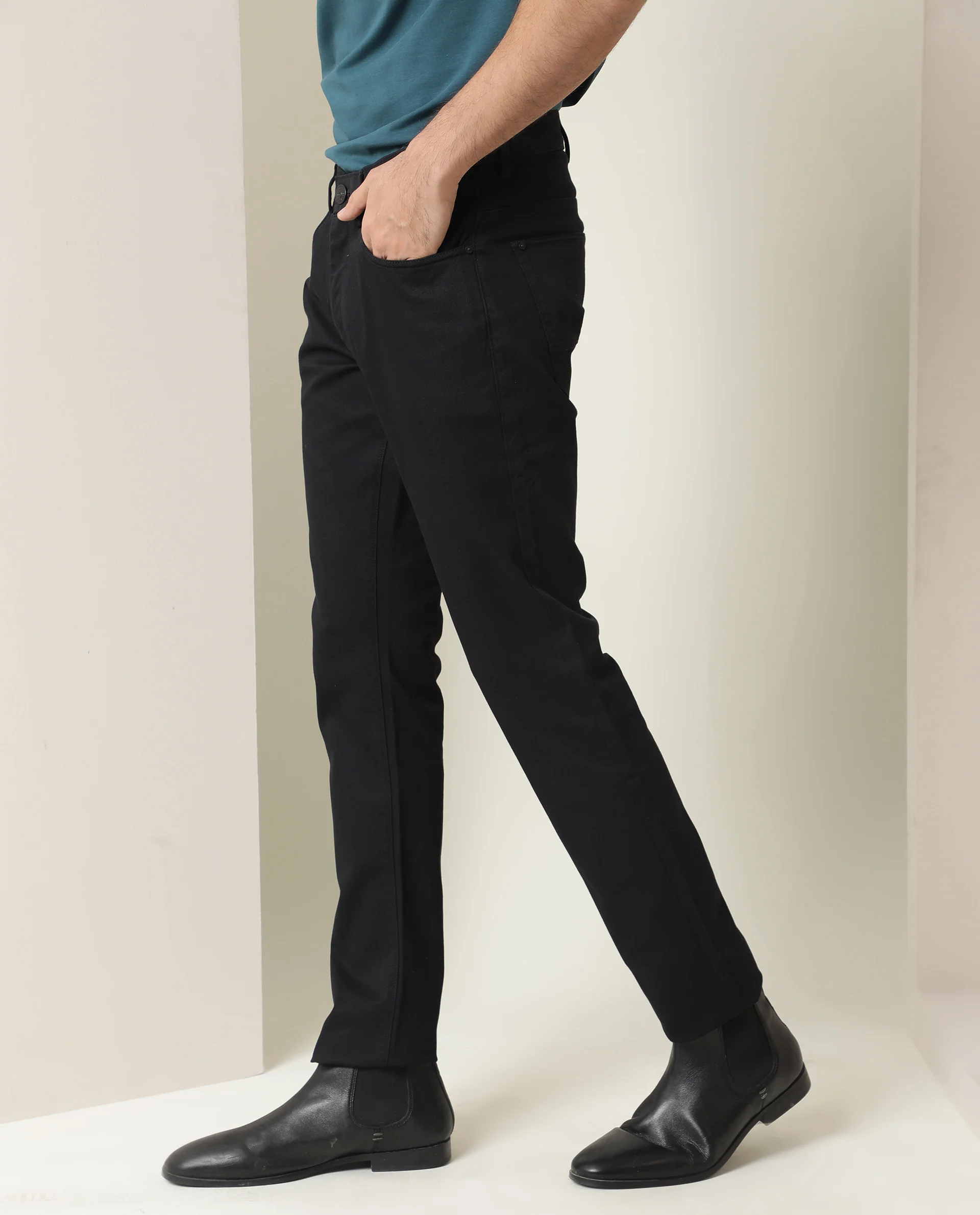 Rare Rabbit Men's Poke Black Cotton Plain Regular Fit Trouser - Image 5