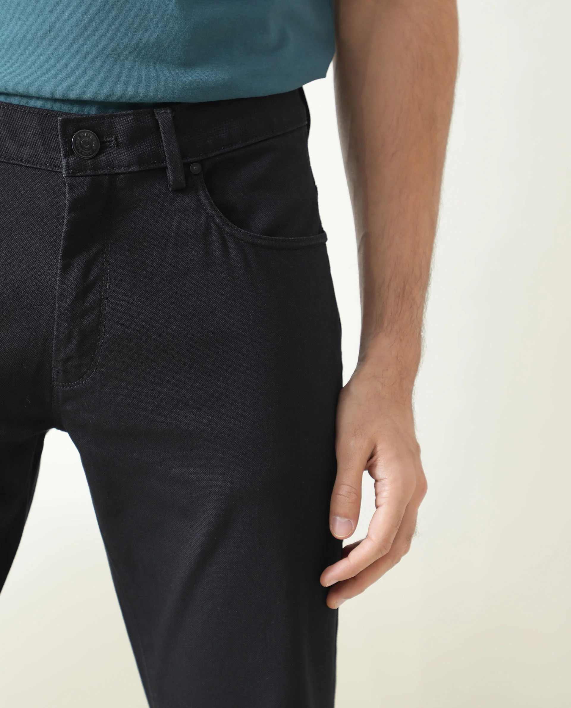 Rare Rabbit Men's Poke Black Cotton Plain Regular Fit Trouser - Image 7