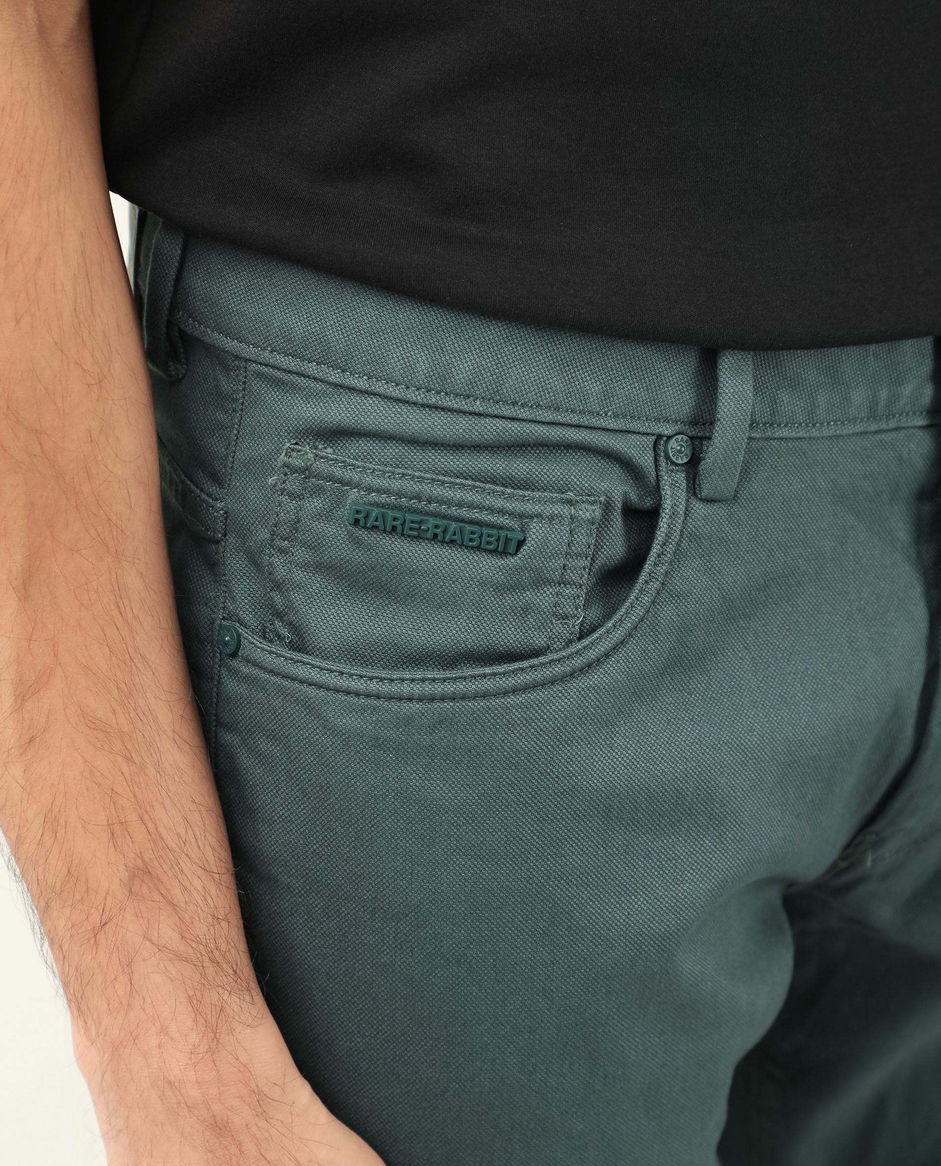 Rare Rabbit Men's Poke Dusky Green Cotton Plain Regular Fit Trouser - Image 2