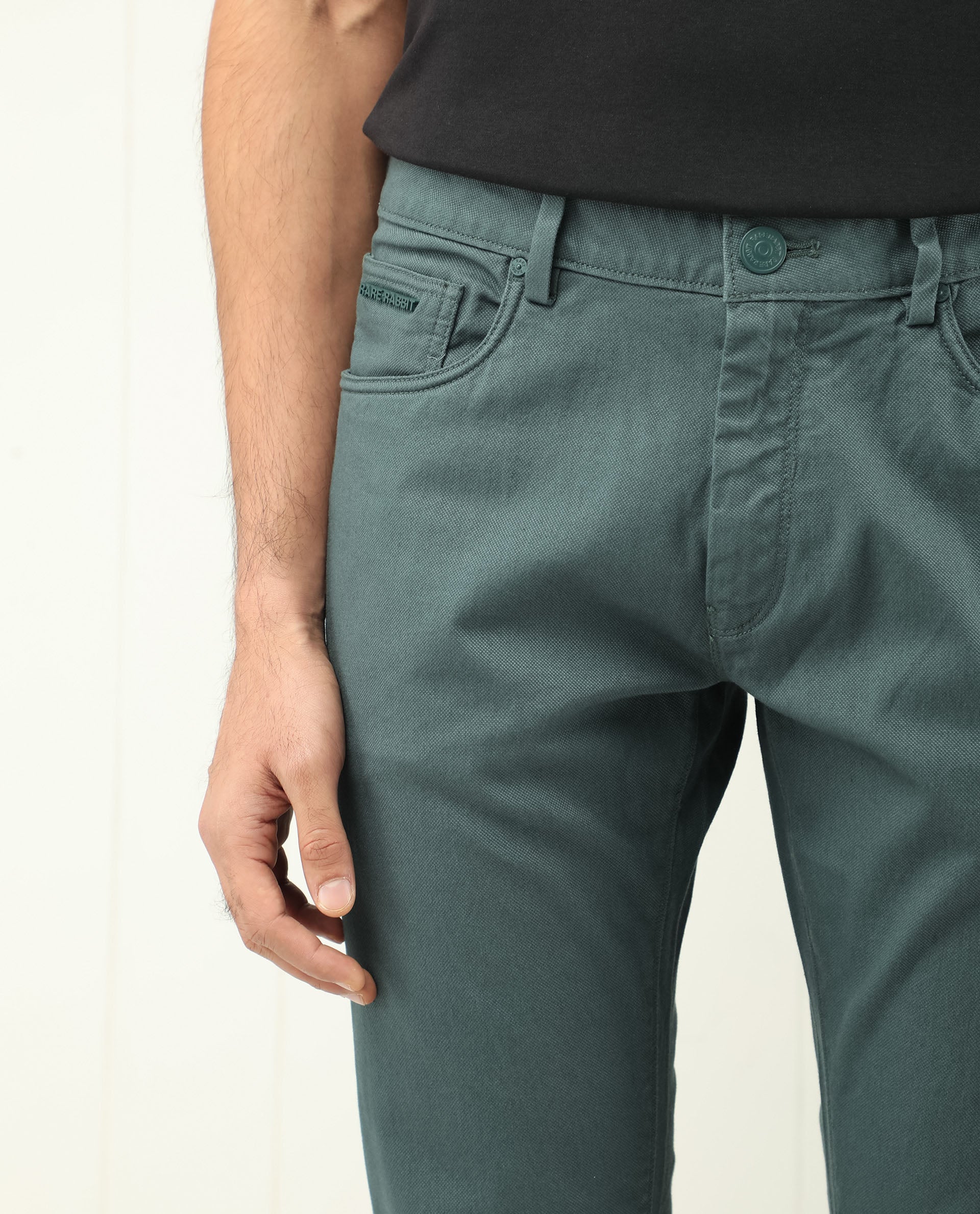 Rare Rabbit Men's Poke Dusky Green Cotton Plain Regular Fit Trouser - Image 4