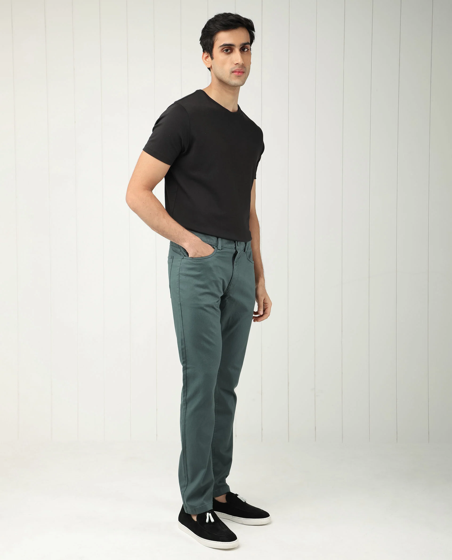 Rare Rabbit Men's Poke Dusky Green Cotton Plain Regular Fit Trouser - Image 6