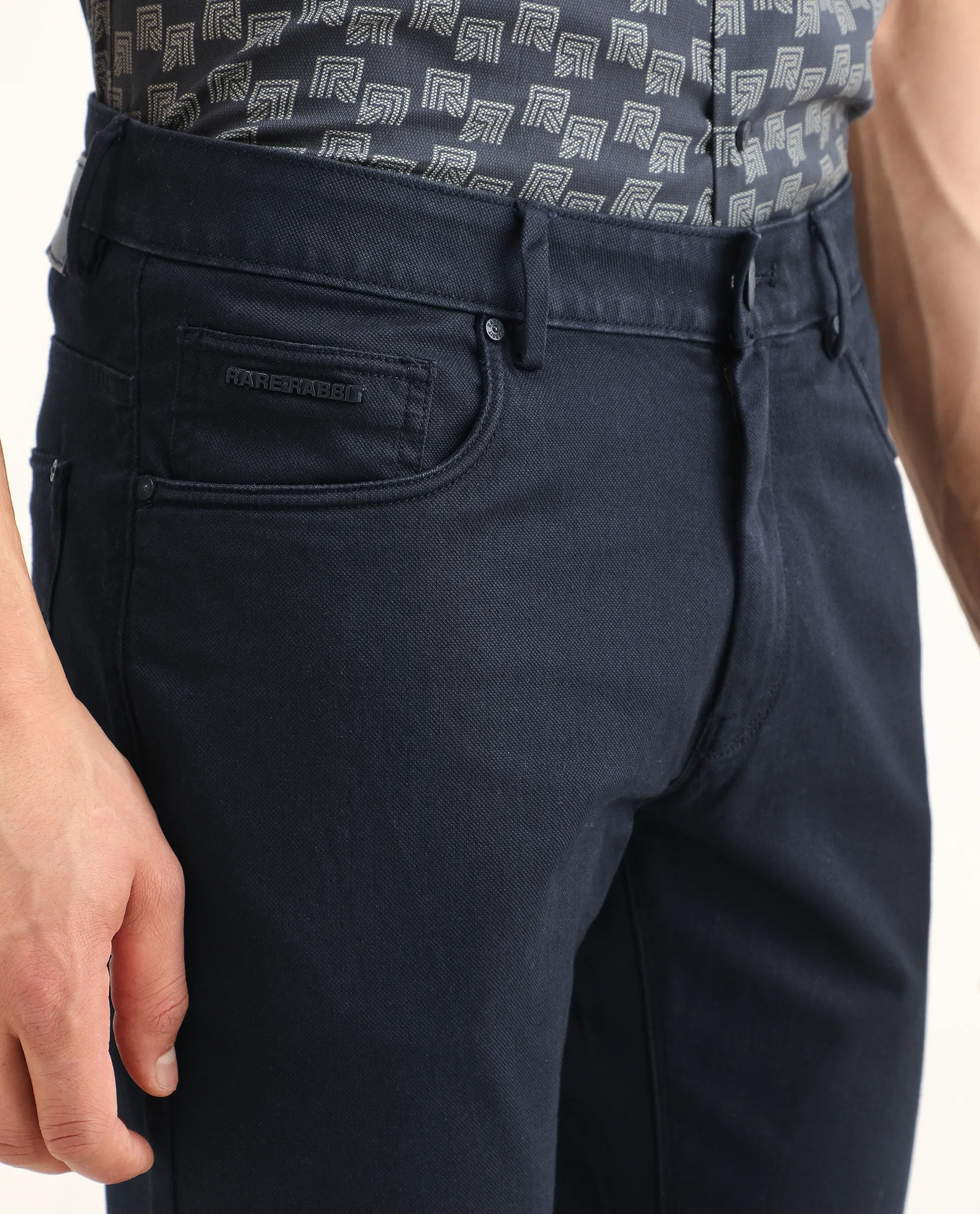 Rare Rabbit Men's Poke Navy Cotton Plain Regular Fit Trouser - Image 4