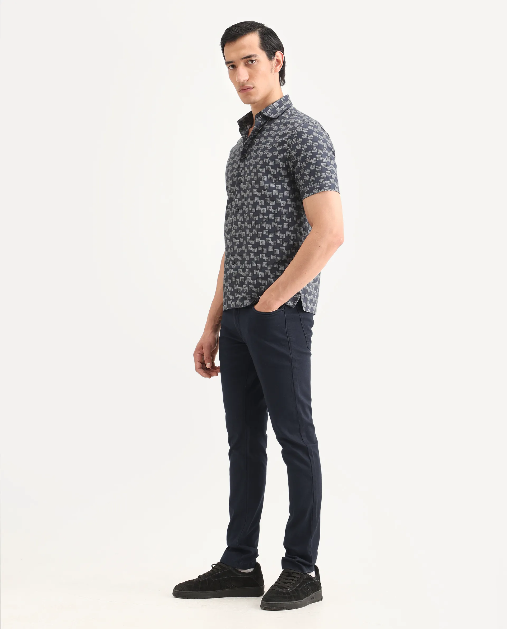 Rare Rabbit Men's Poke Navy Cotton Plain Regular Fit Trouser - Image 6