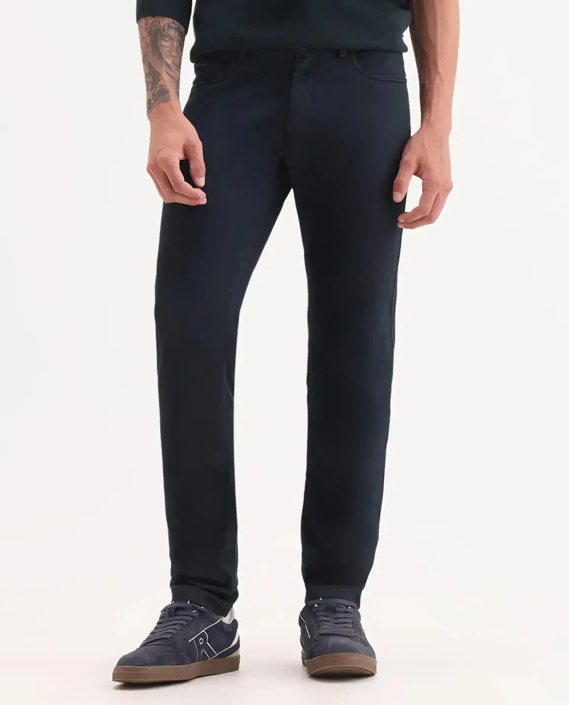Rare Rabbit Men's Poke Navy Cotton Plain Regular Fit Trouser - Image 9