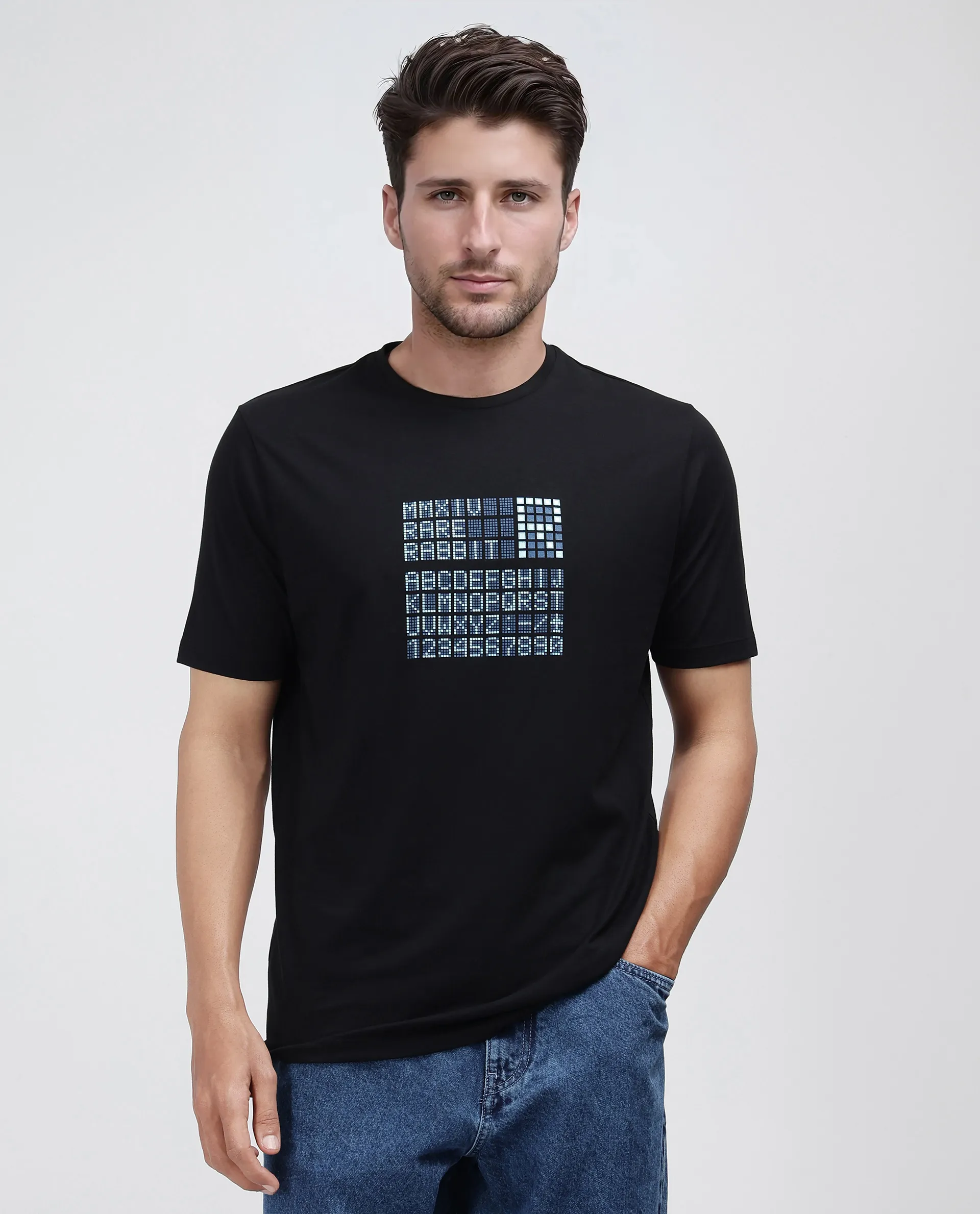 Rare Rabbit Men's Pol Black Cotton Blend Graphic Print Regular Fit Half Sleeve Crew Neck T-Shirt - Image 2