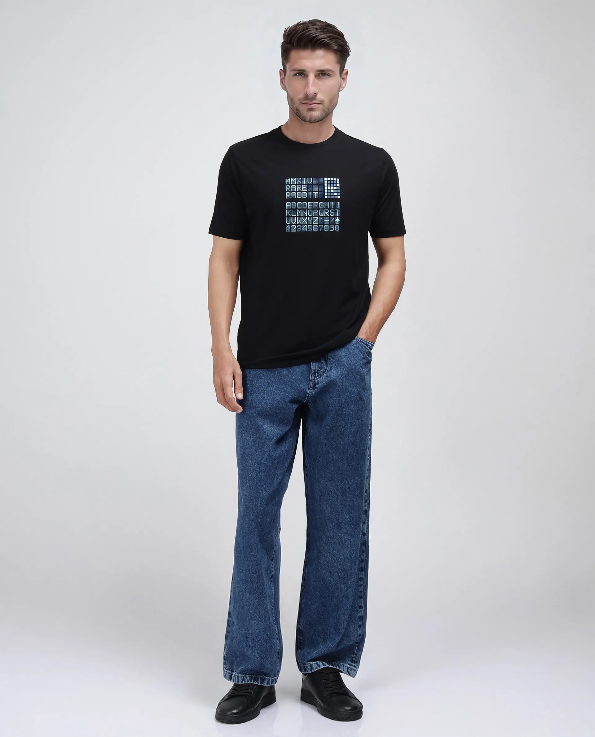 Rare Rabbit Men's Pol Black Cotton Blend Graphic Print Regular Fit Half Sleeve Crew Neck T-Shirt - Image 3