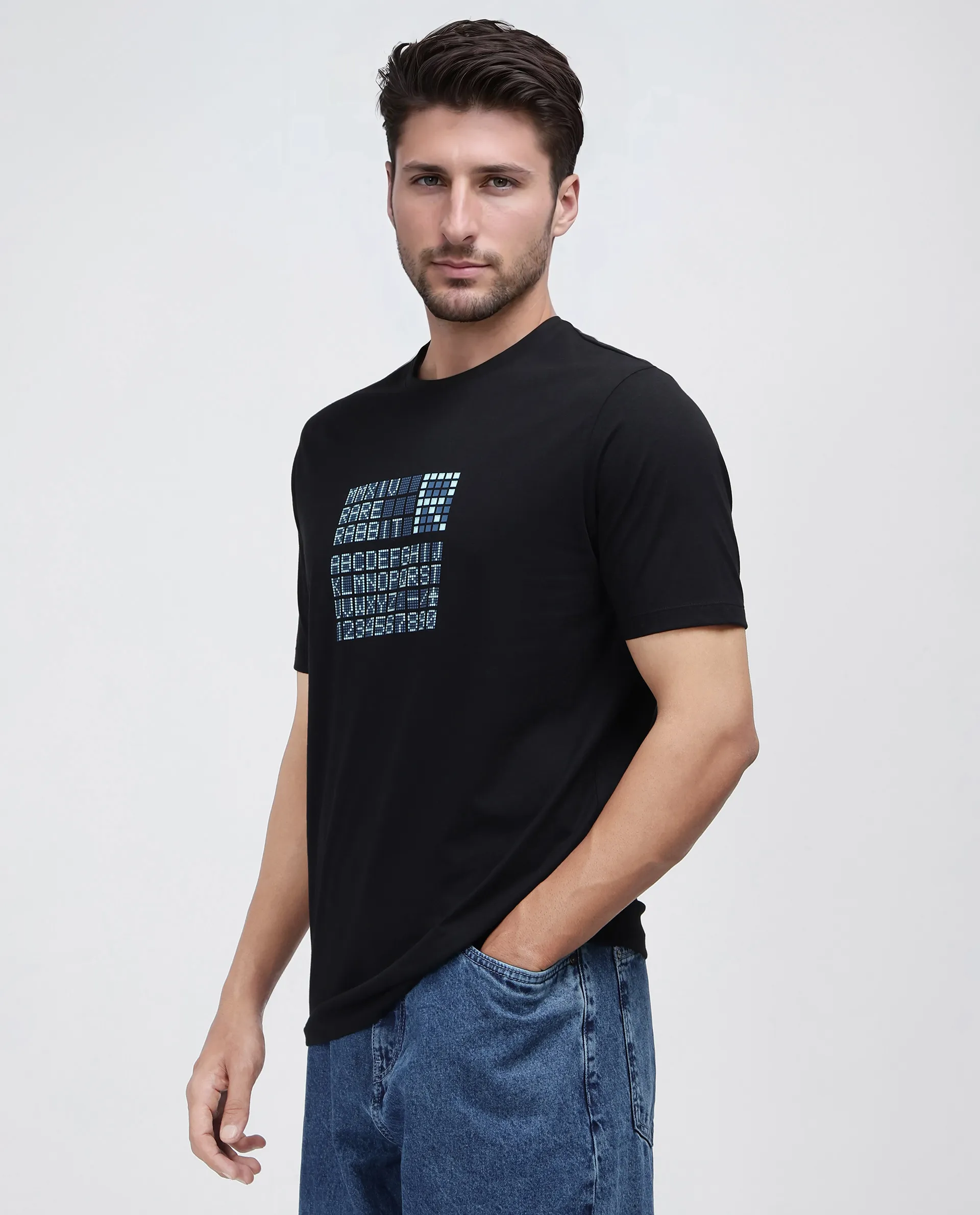 Rare Rabbit Men's Pol Black Cotton Blend Graphic Print Regular Fit Half Sleeve Crew Neck T-Shirt - Image 4