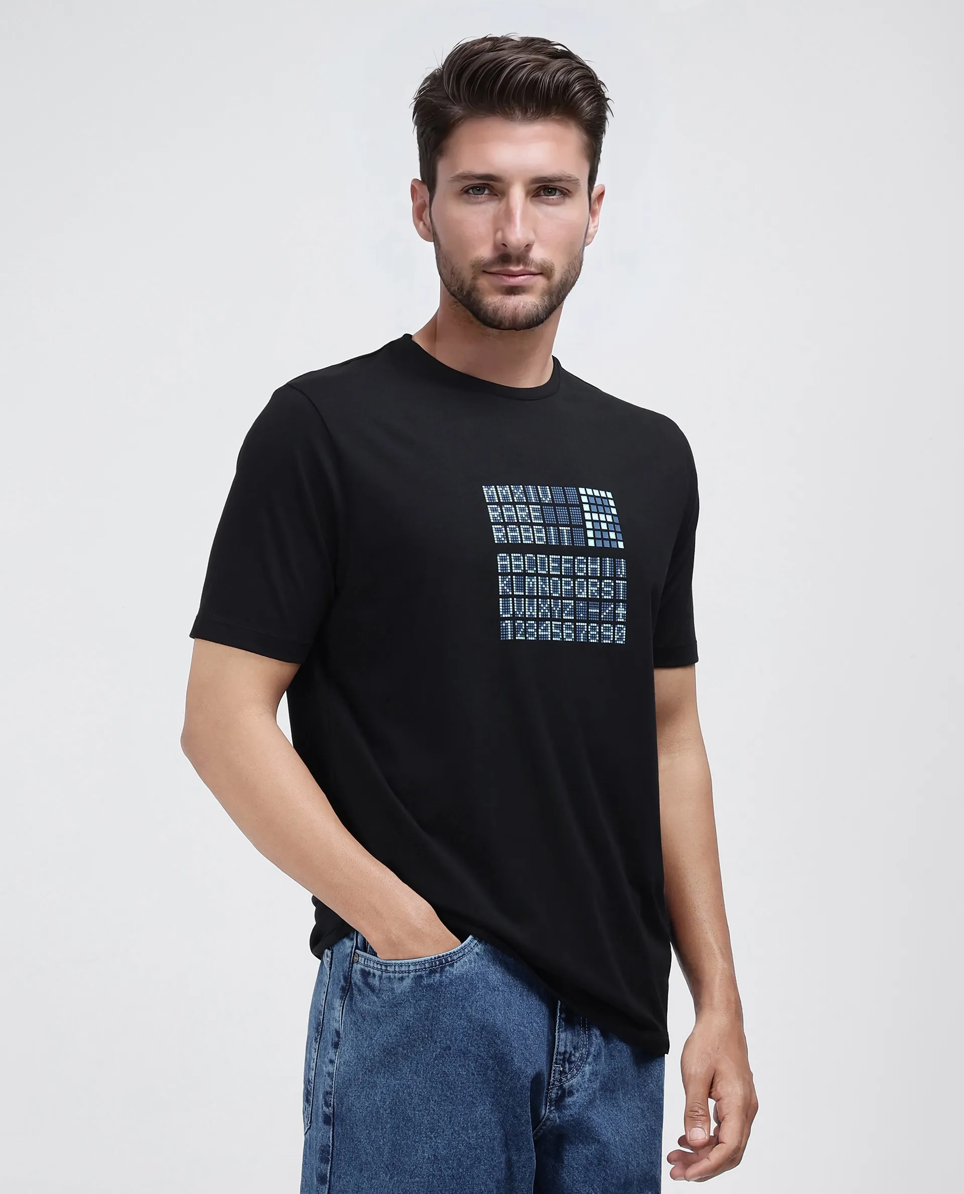 Rare Rabbit Men's Pol Black Cotton Blend Graphic Print Regular Fit Half Sleeve Crew Neck T-Shirt - Image 5