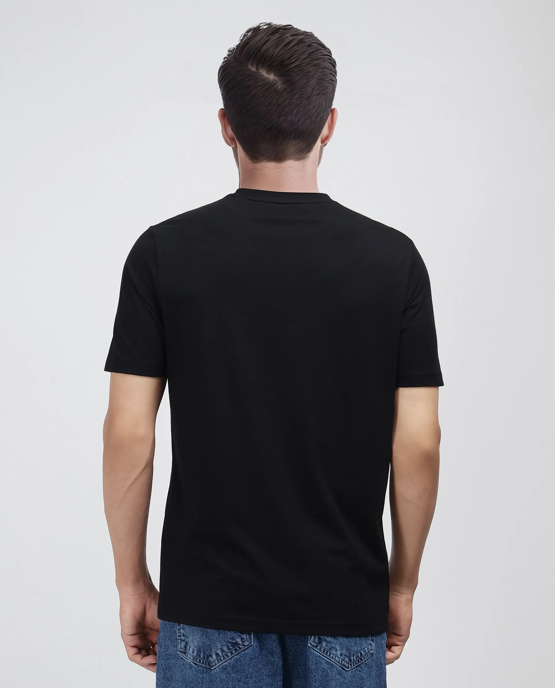 Rare Rabbit Men's Pol Black Cotton Blend Graphic Print Regular Fit Half Sleeve Crew Neck T-Shirt - Image 8