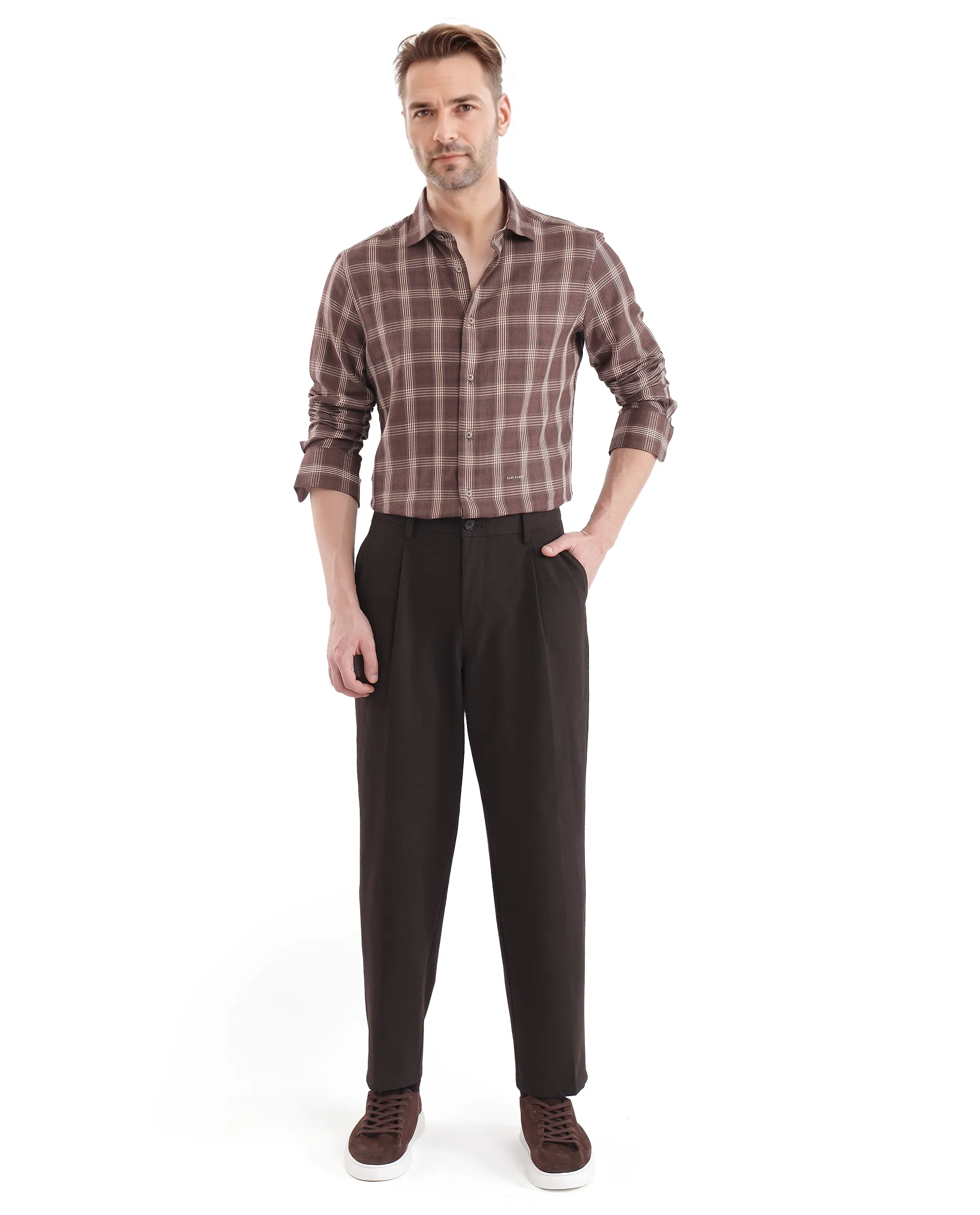 Rare Rabbit Men's Polaz Brown Cotton Checked Print Regular Fit Full Sleeve Collared Shirt - Image 2