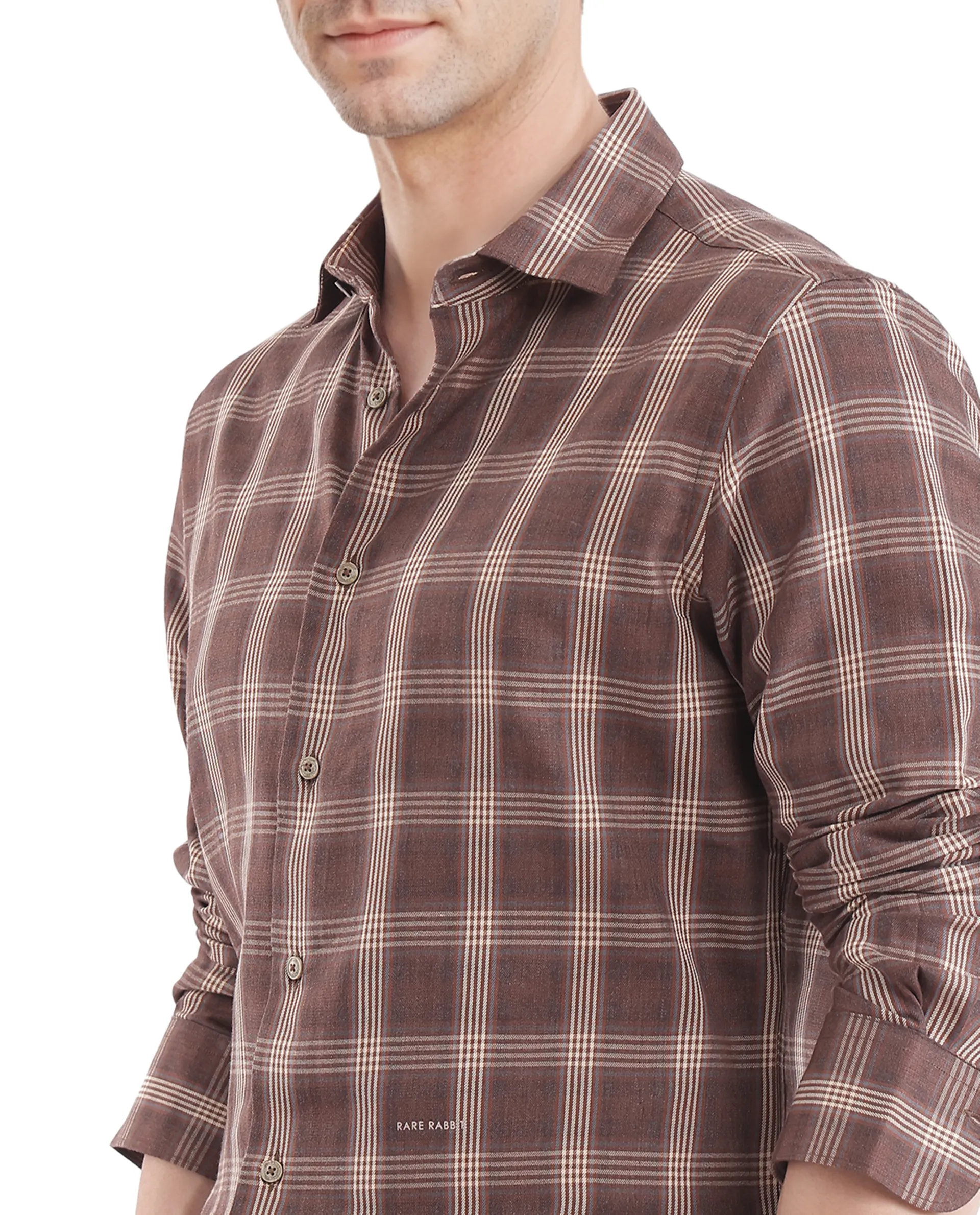 Rare Rabbit Men's Polaz Brown Cotton Checked Print Regular Fit Full Sleeve Collared Shirt - Image 3