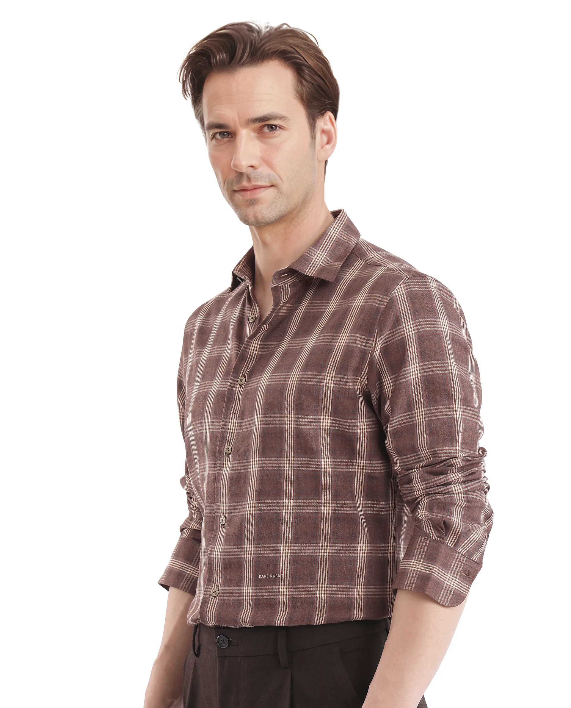 Rare Rabbit Men's Polaz Brown Cotton Checked Print Regular Fit Full Sleeve Collared Shirt - Image 5