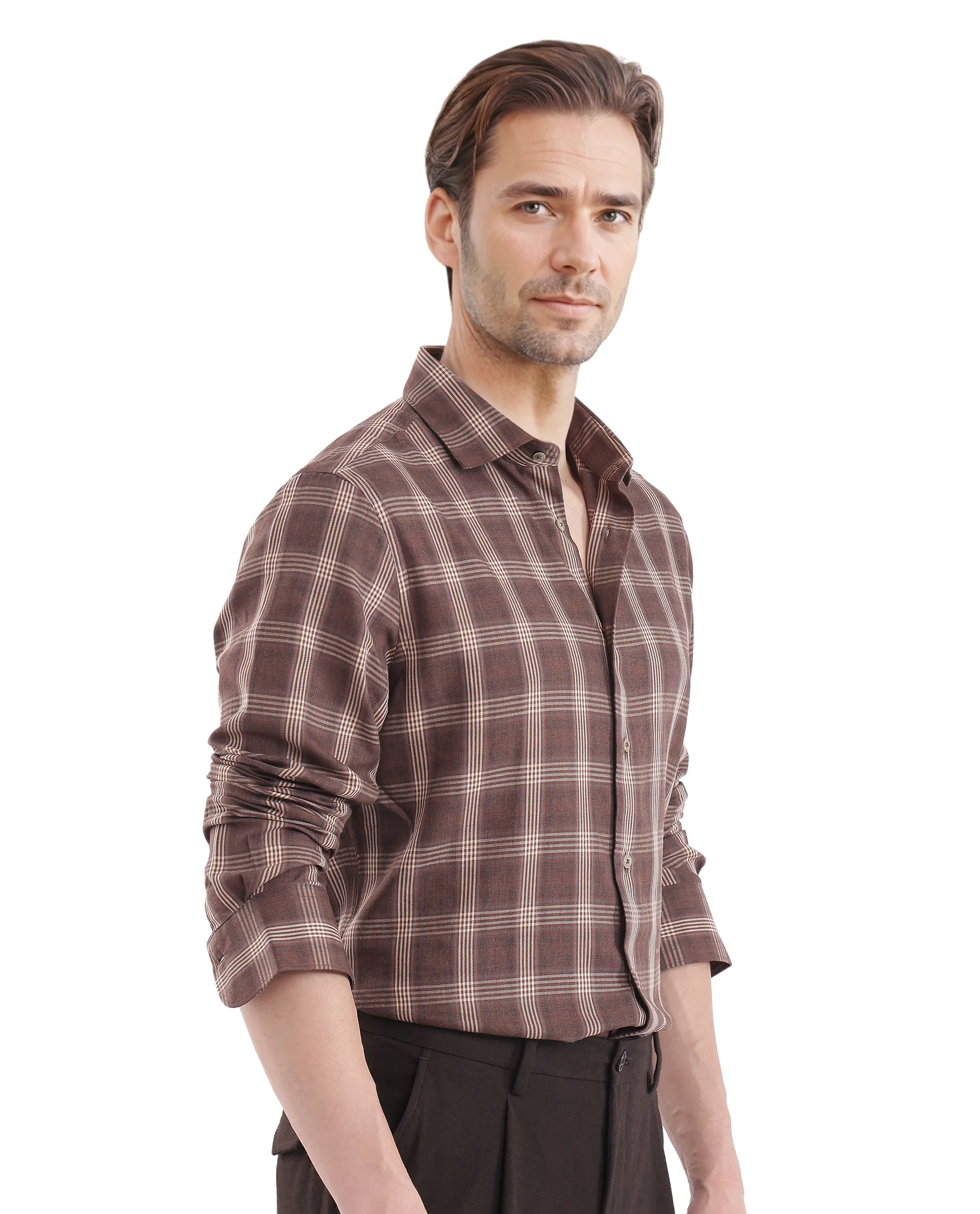 Rare Rabbit Men's Polaz Brown Cotton Checked Print Regular Fit Full Sleeve Collared Shirt - Image 6