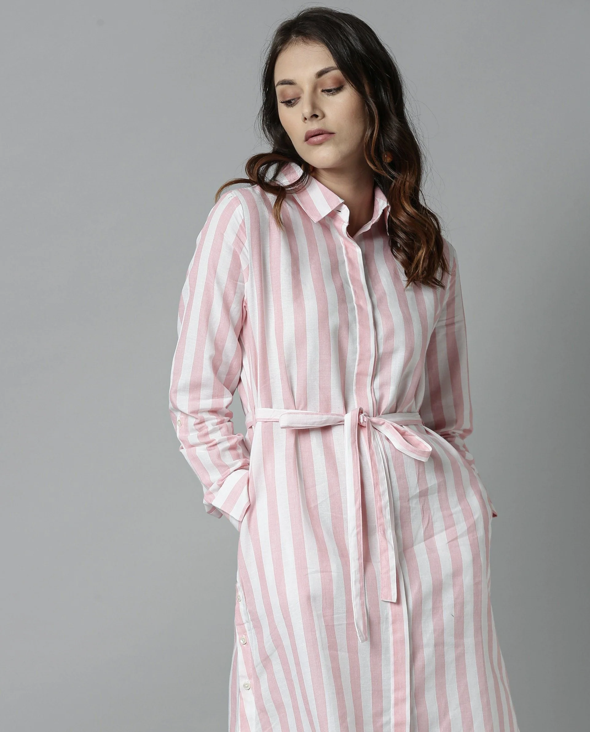 Rareism Women Pold Pink Dress Full Sleeves Stripe - Image 2