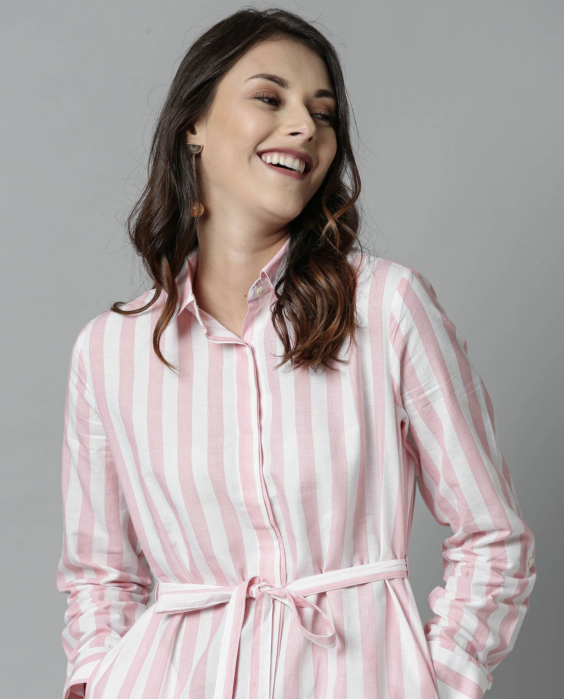 Rareism Women Pold Pink Dress Full Sleeves Stripe - Image 4