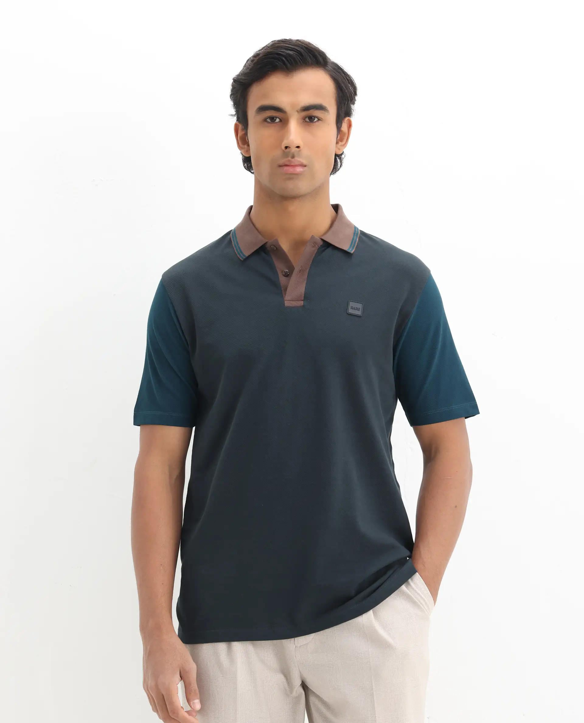 Rare Rabbit Men's Polf Dark Grey Cotton Plain Regular Fit Half Sleeve Polo - Image 4