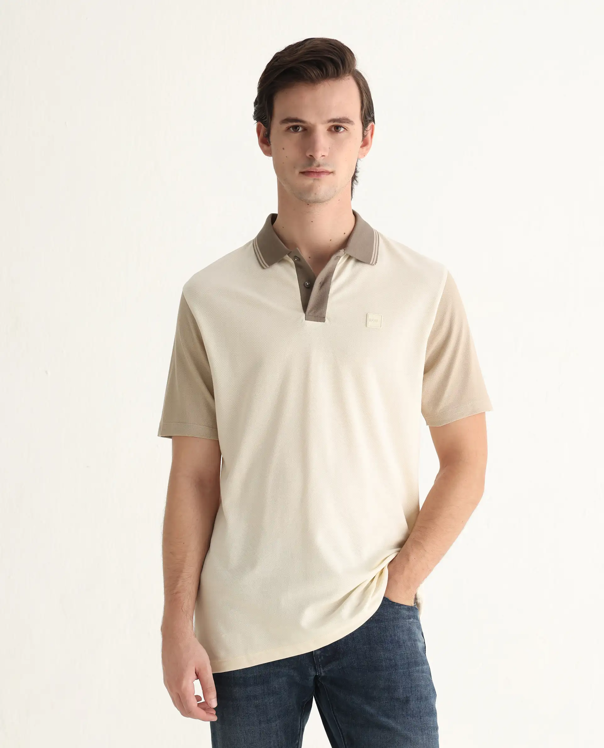 Rare Rabbit Men's Polf Off White Cotton Plain Regular Fit Half Sleeve Polo - Image 5