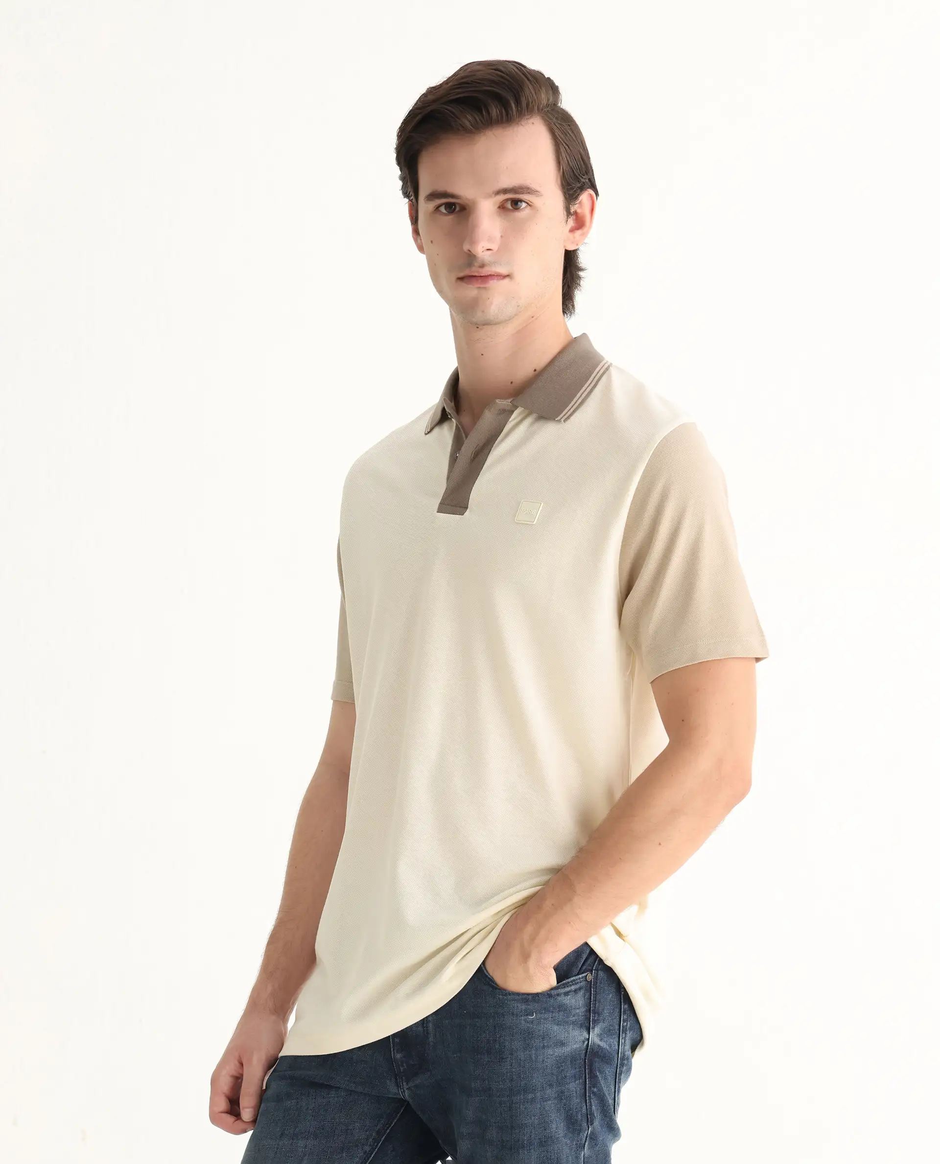 Rare Rabbit Men's Polf Off White Cotton Plain Regular Fit Half Sleeve Polo - Image 6