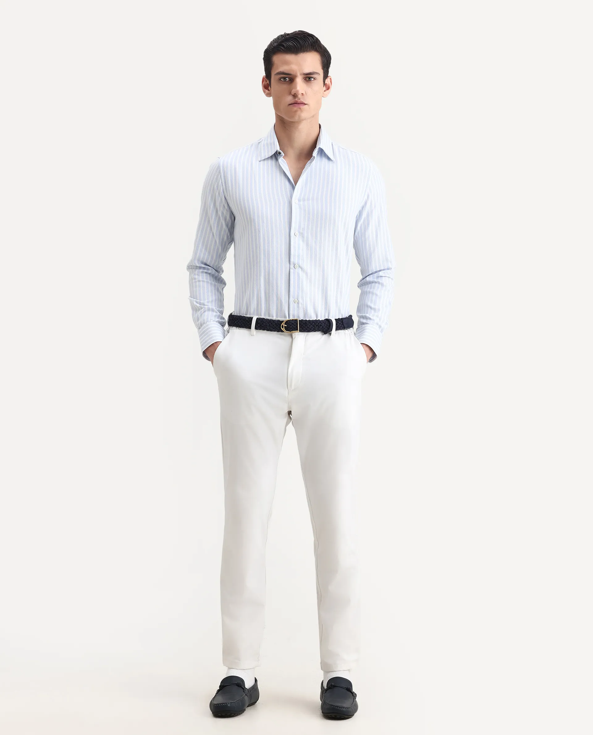 Rare Rabbit Men's Polic Blue Cotton Striped Print Regular Fit Full Sleeve Collared Shirt - Image 2