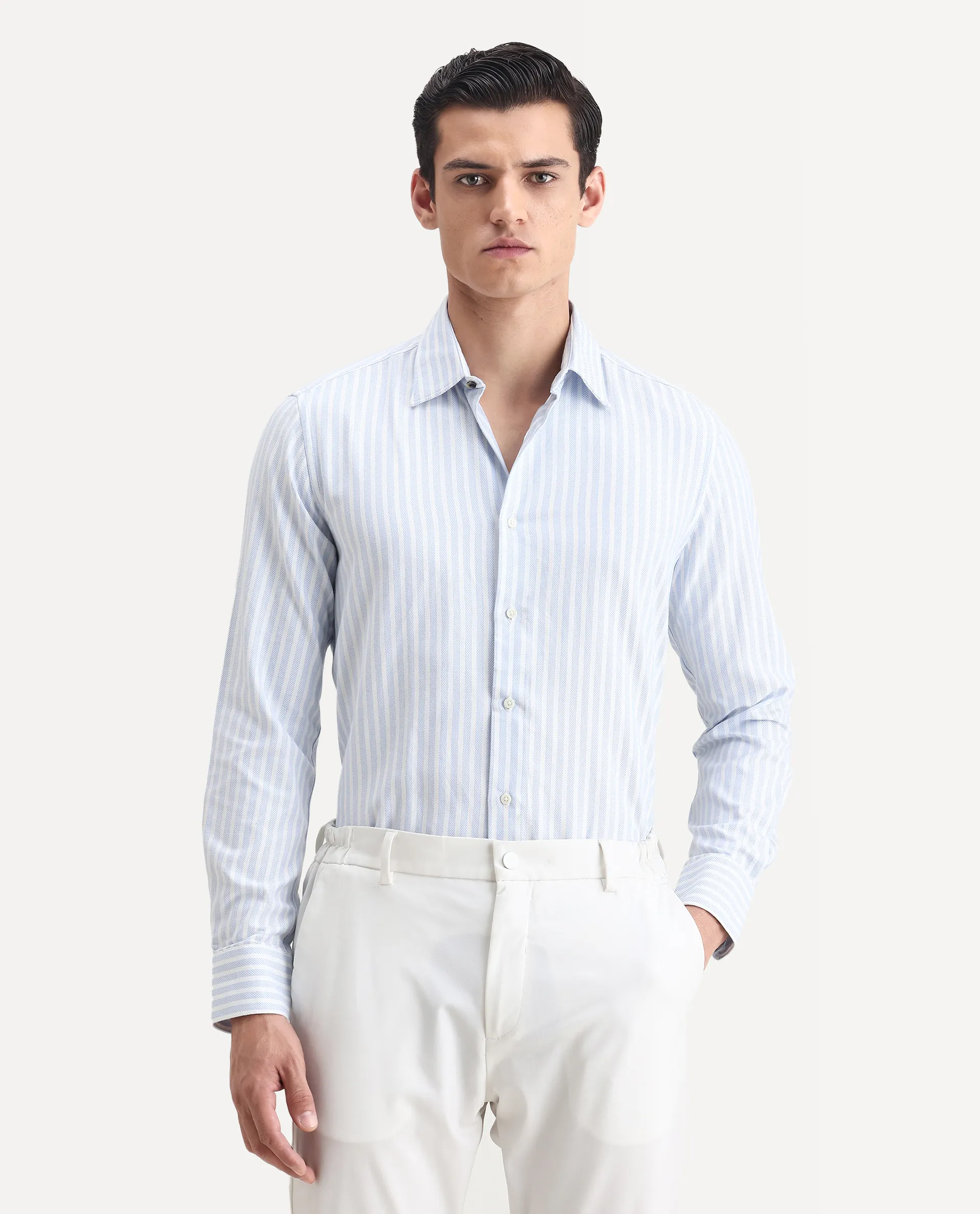 Rare Rabbit Men's Polic Blue Cotton Striped Print Regular Fit Full Sleeve Collared Shirt - Image 4