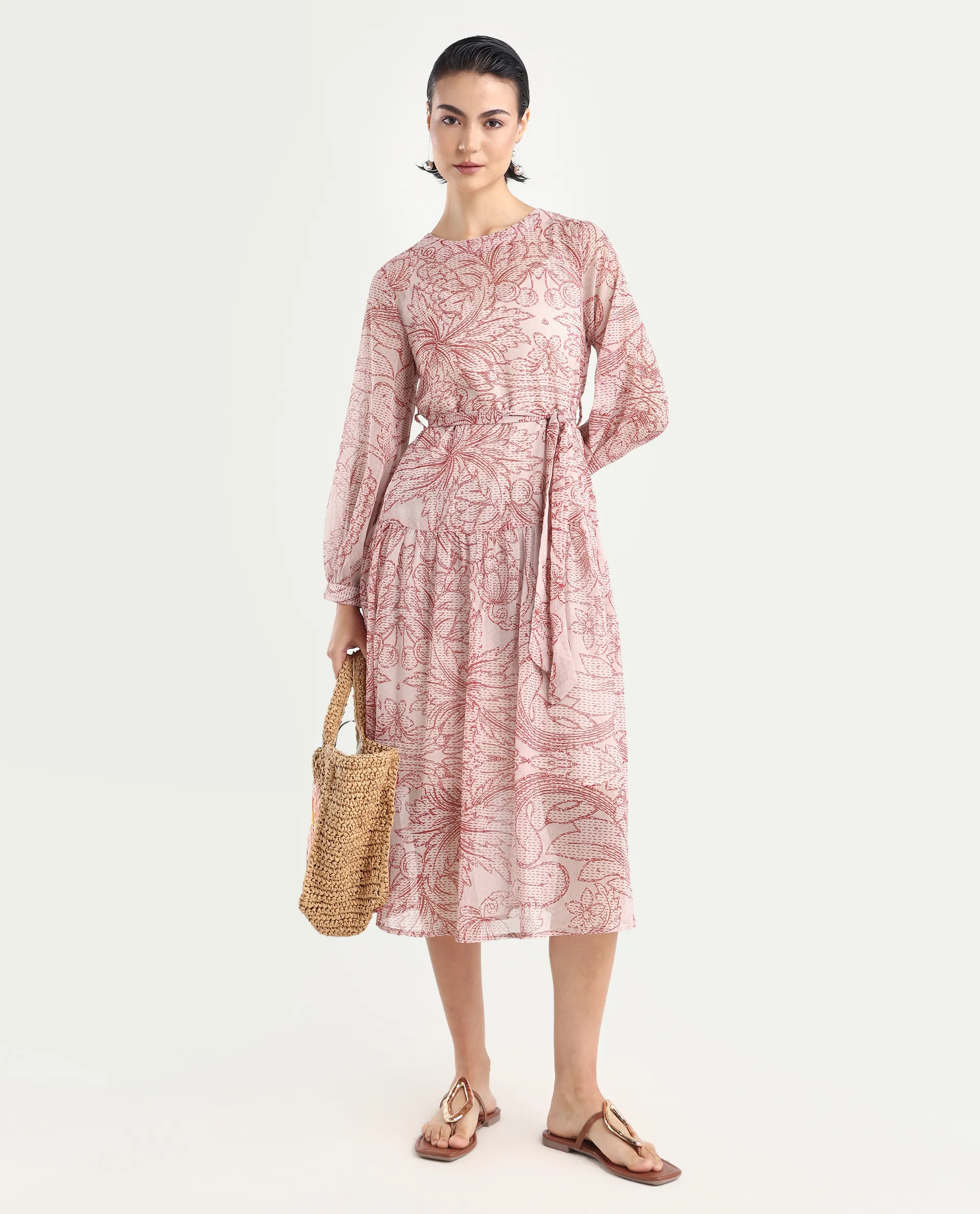 Rareism Women's Polima Multi Cotton Round Neck Abstract Print Bishop Sleeve Midi Flared Dress - Image 2