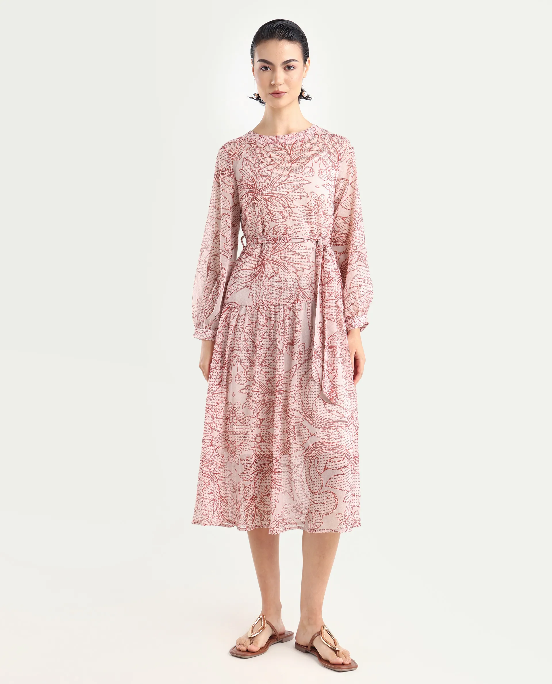 Rareism Women's Polima Multi Cotton Round Neck Abstract Print Bishop Sleeve Midi Flared Dress - Image 3