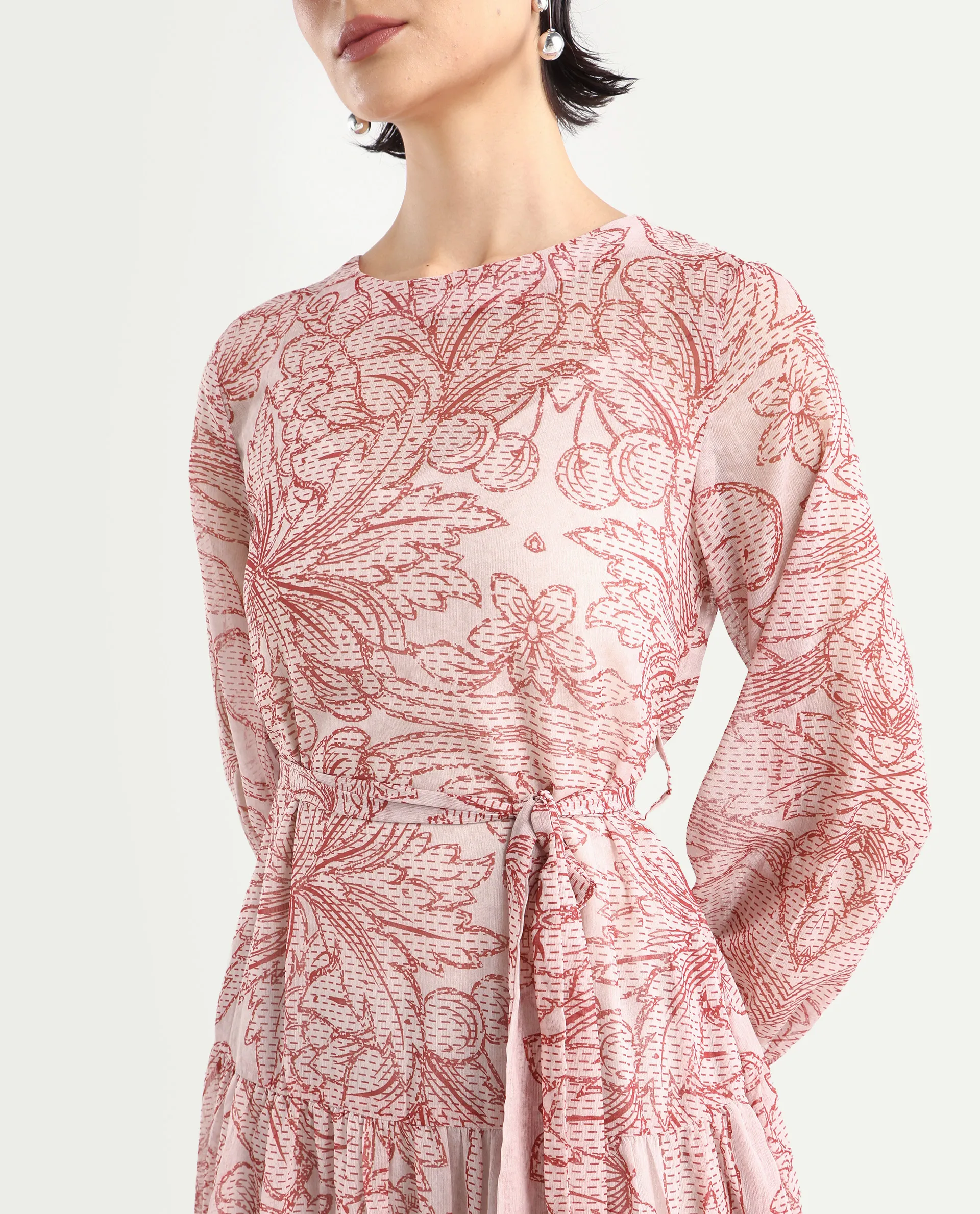 Rareism Women's Polima Multi Cotton Round Neck Abstract Print Bishop Sleeve Midi Flared Dress - Image 4