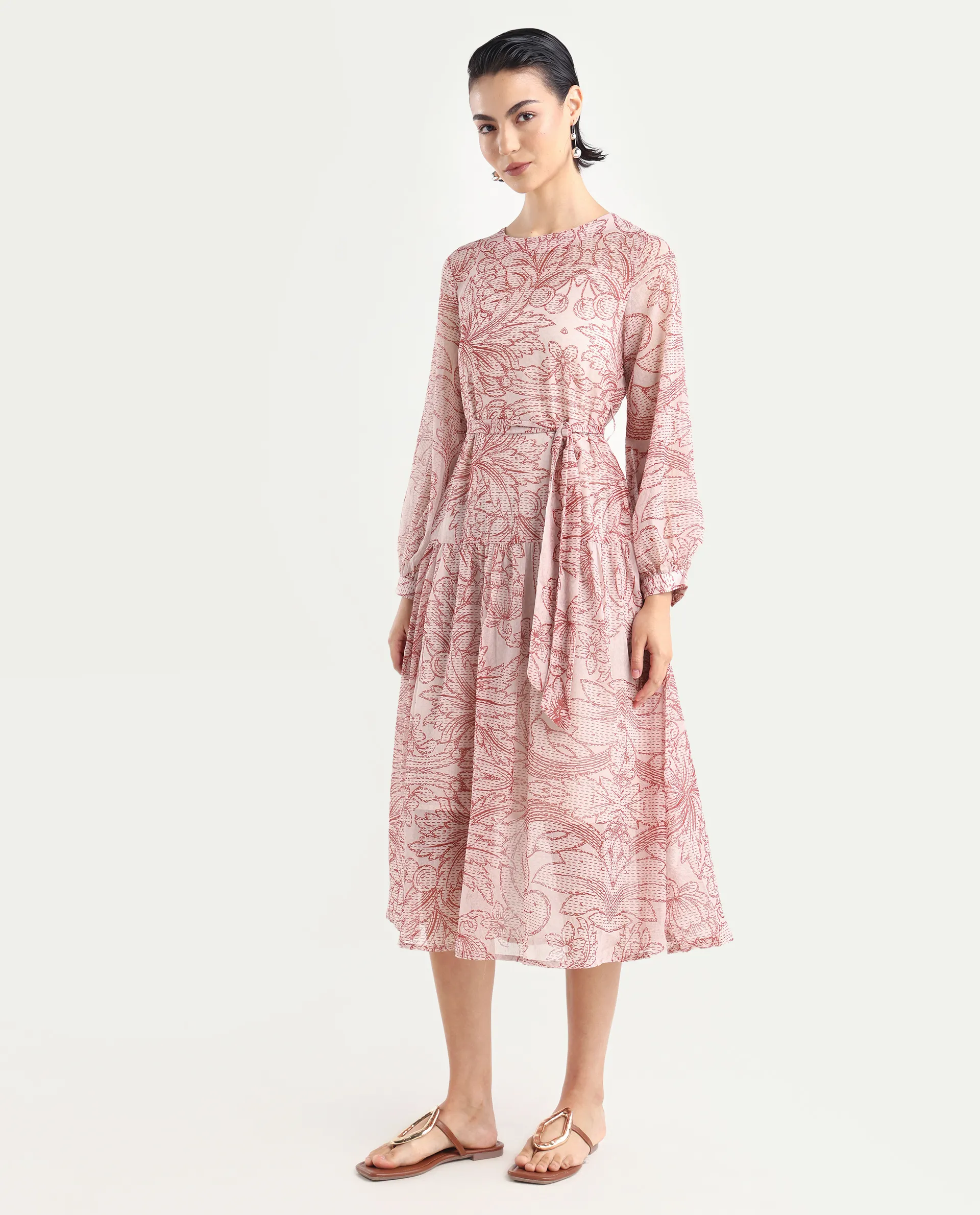 Rareism Women's Polima Multi Cotton Round Neck Abstract Print Bishop Sleeve Midi Flared Dress - Image 6