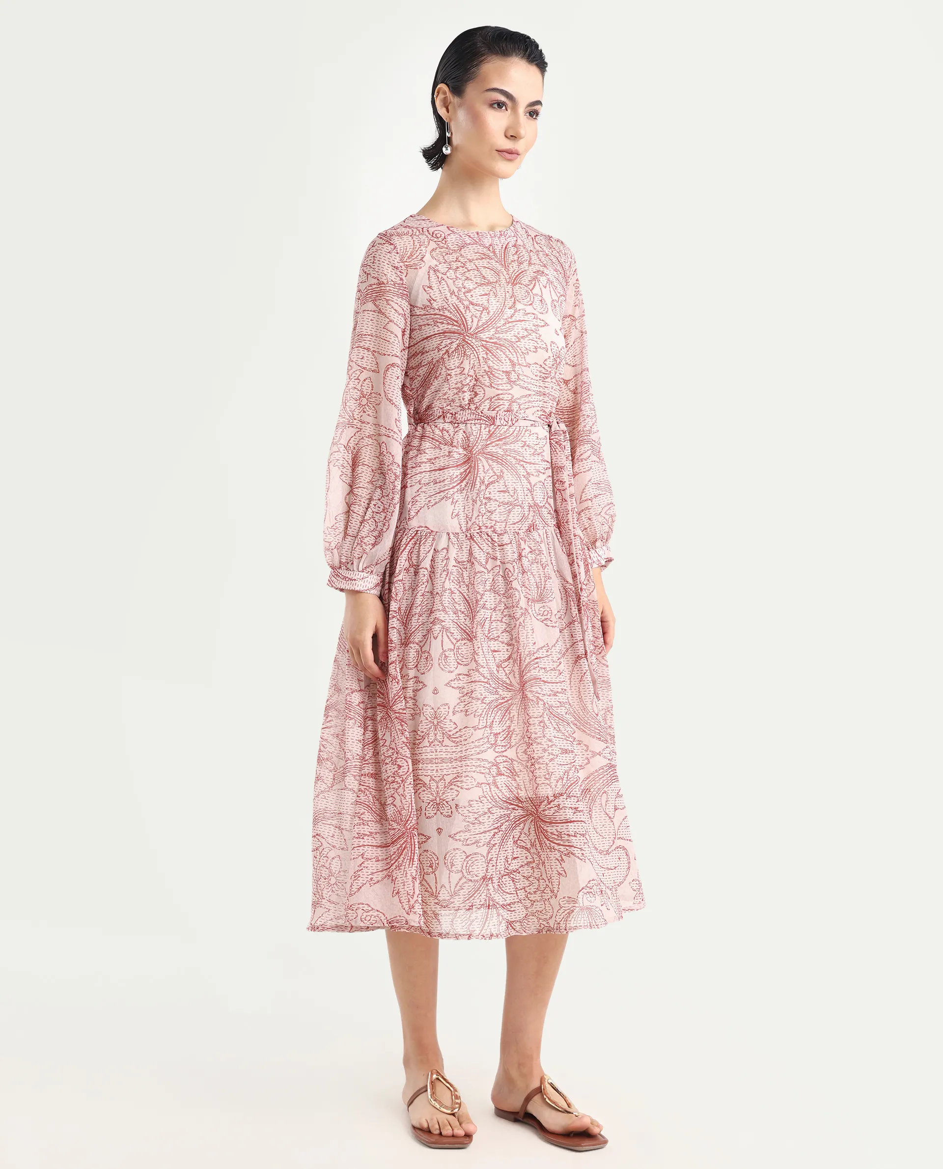 Rareism Women's Polima Multi Cotton Round Neck Abstract Print Bishop Sleeve Midi Flared Dress - Image 7