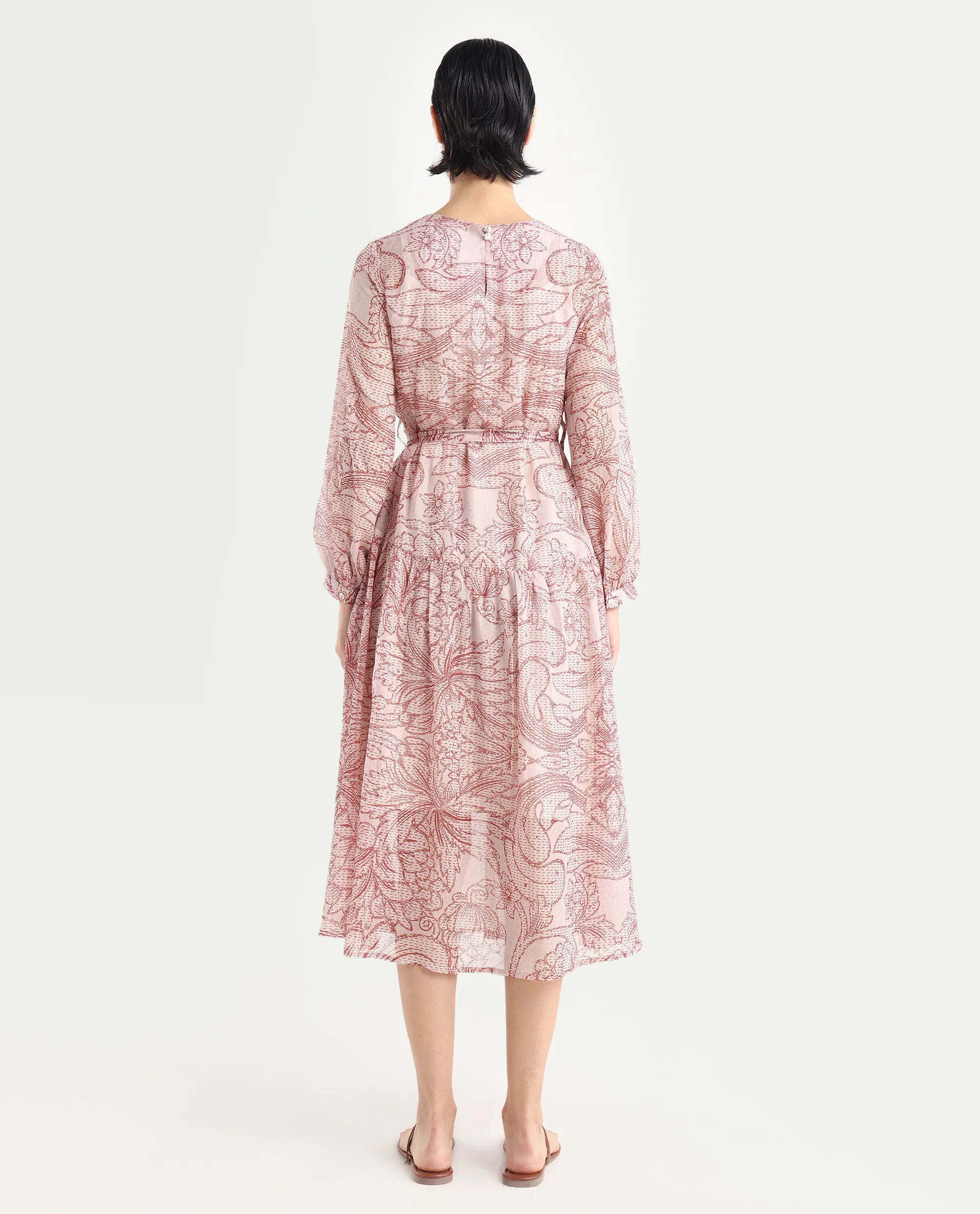 Rareism Women's Polima Multi Cotton Round Neck Abstract Print Bishop Sleeve Midi Flared Dress - Image 8