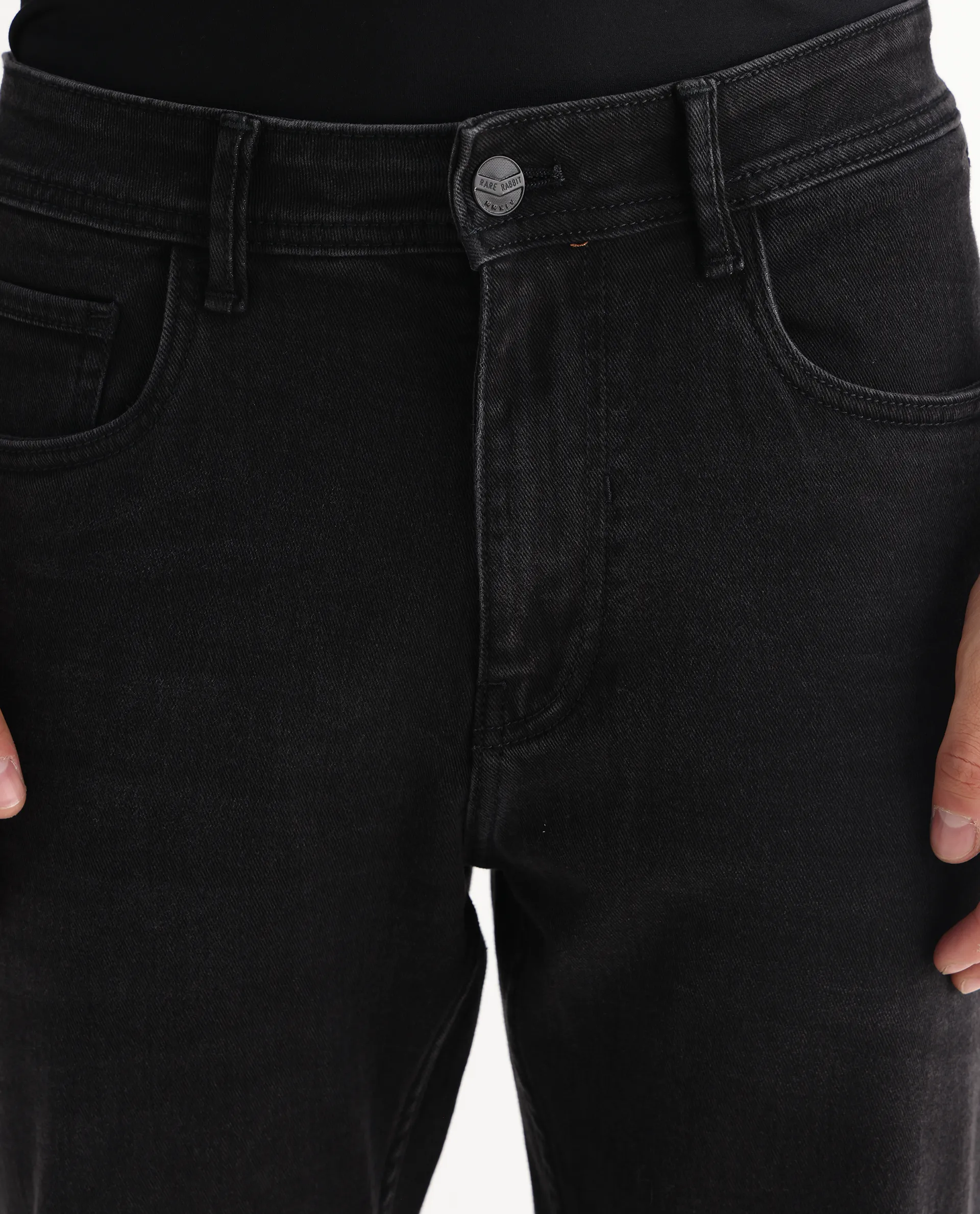 Rare Rabbit Men's Polin Black Cotton Plain Morris Regular Fit Jeans - Image 4